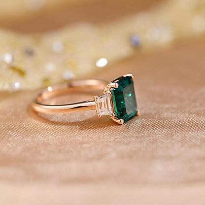 Lab Grown Emerald Engagement Ring, Three Trapezoid Moissanite Wedding Ring, Anniversary Emerald Gemstone Ring, Moissanite Gift, Emerald Ring