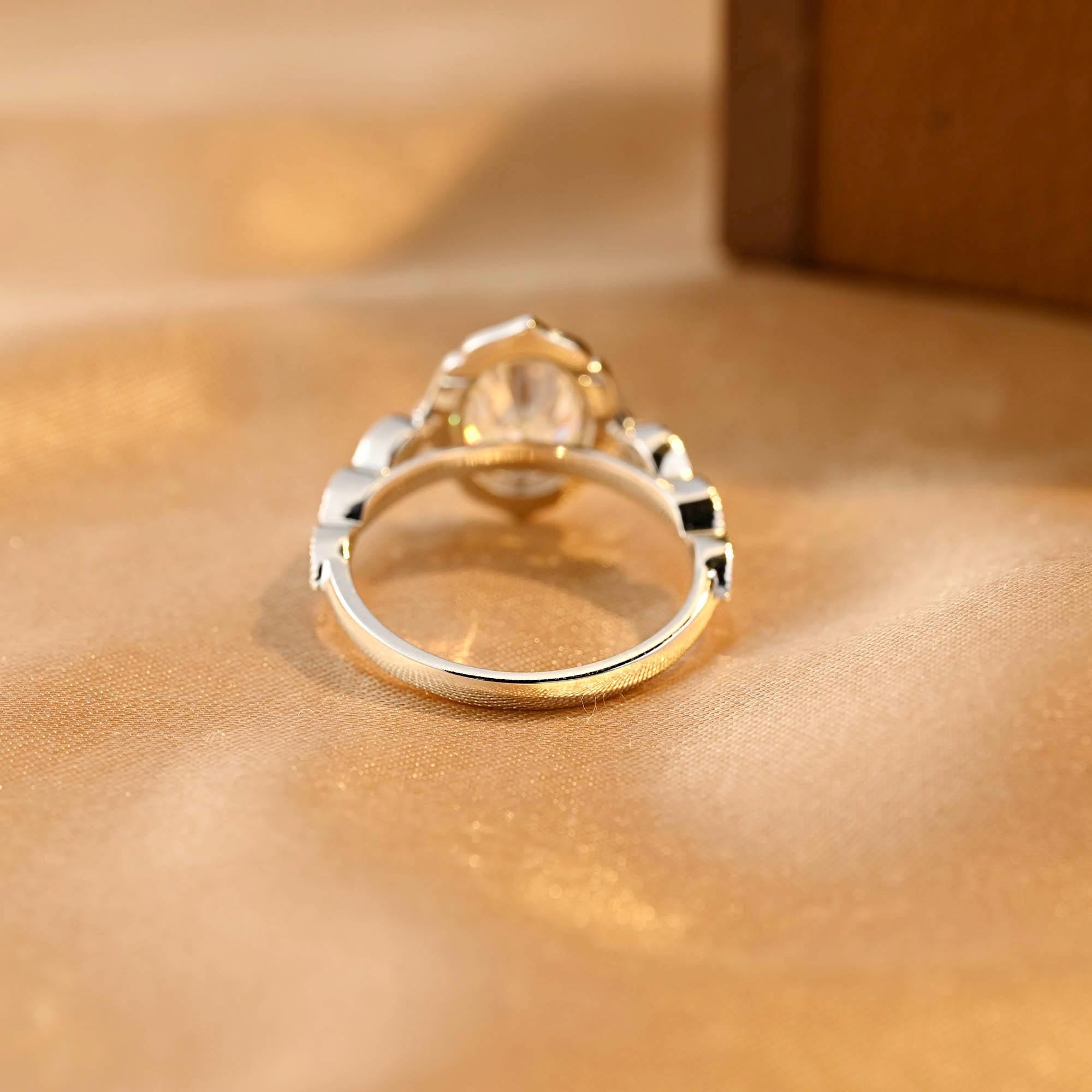 Solid Gold Milgrain Oval Cut Moissanite Engagement Ring, Halo Vintage Style Wedding Ring