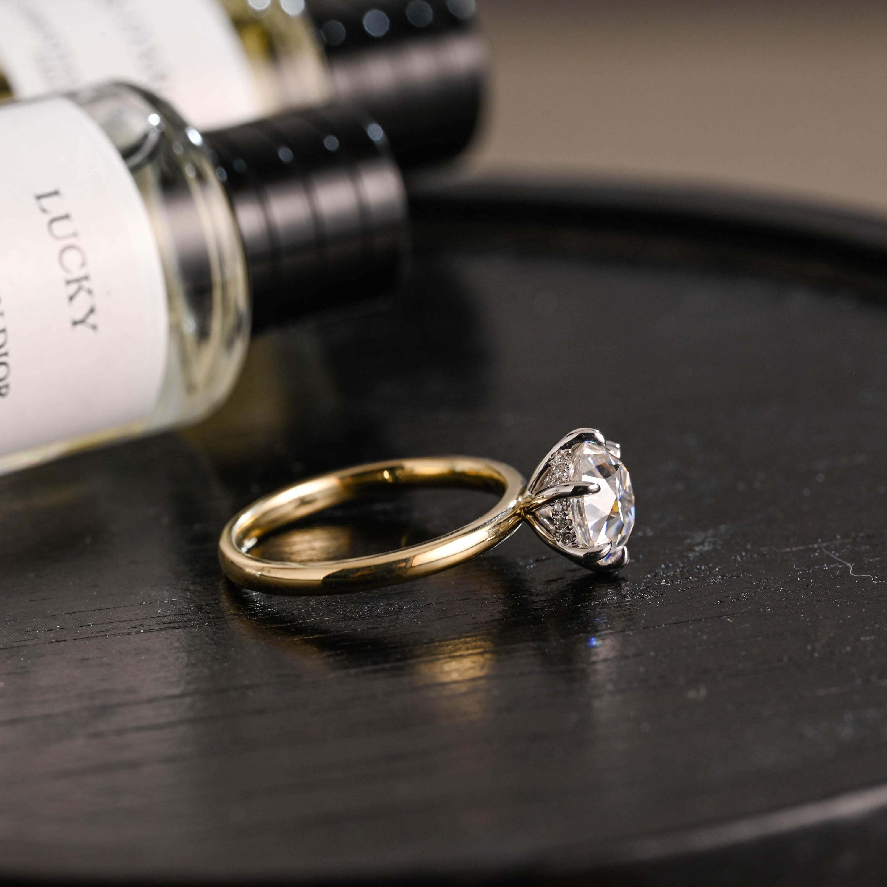 Two-Tone Solid Gold Round Cut Moissanite Engagement Ring, Hidden Halo Promise Ring, Anniversary Gift for Women Wife
