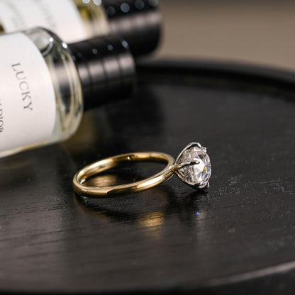 Two-Tone Solid Gold Round Cut Moissanite Engagement Ring, Hidden Halo Promise Ring, Anniversary Gift for Women Wife