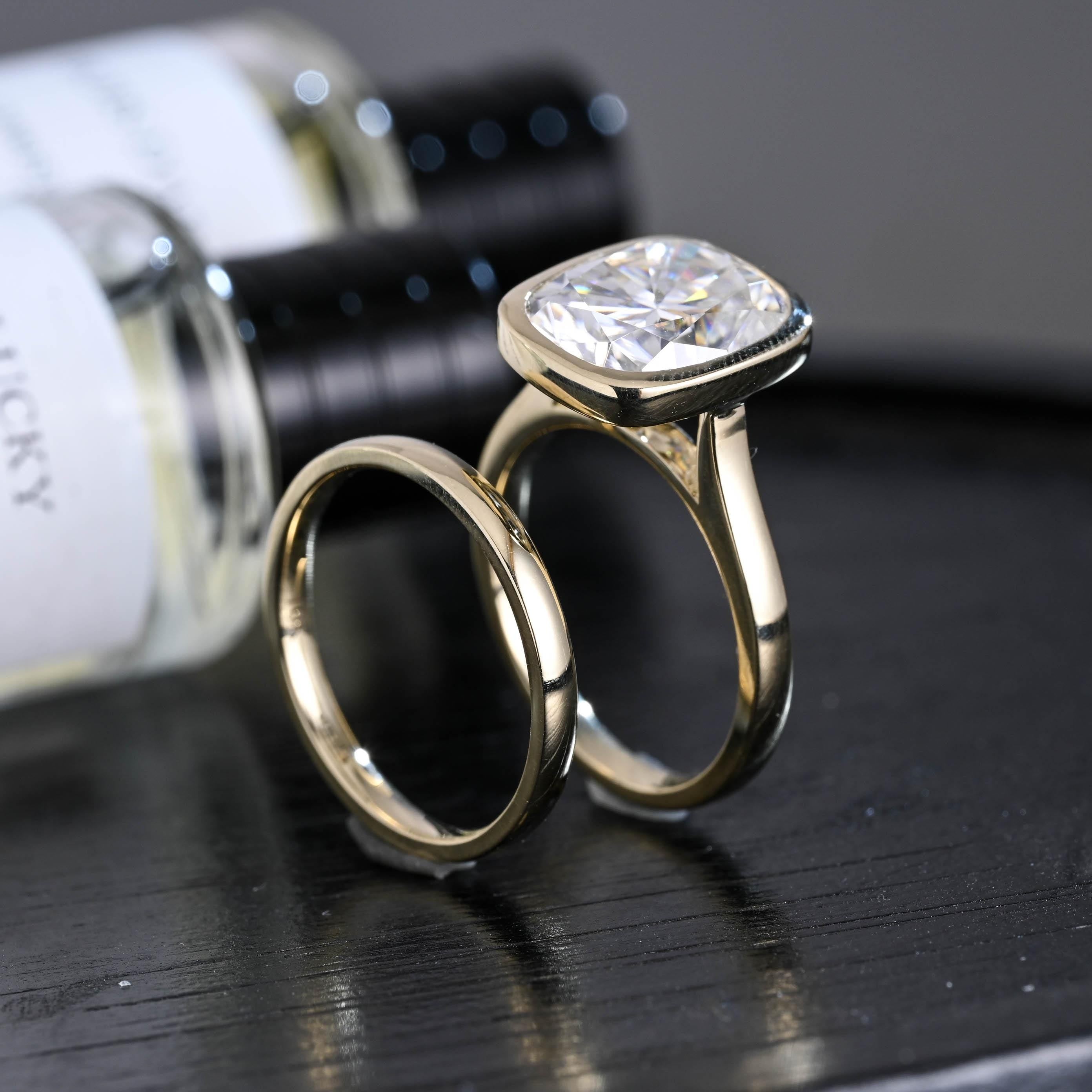 Solid Gold Bezel Elongated Cushion Cut Moissanite Engagement Ring Set, Wedding Ring Set, Bridal Set