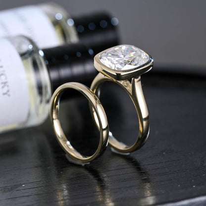 Solid Gold Bezel Elongated Cushion Cut Moissanite Engagement Ring Set, Wedding Ring Set, Bridal Set
