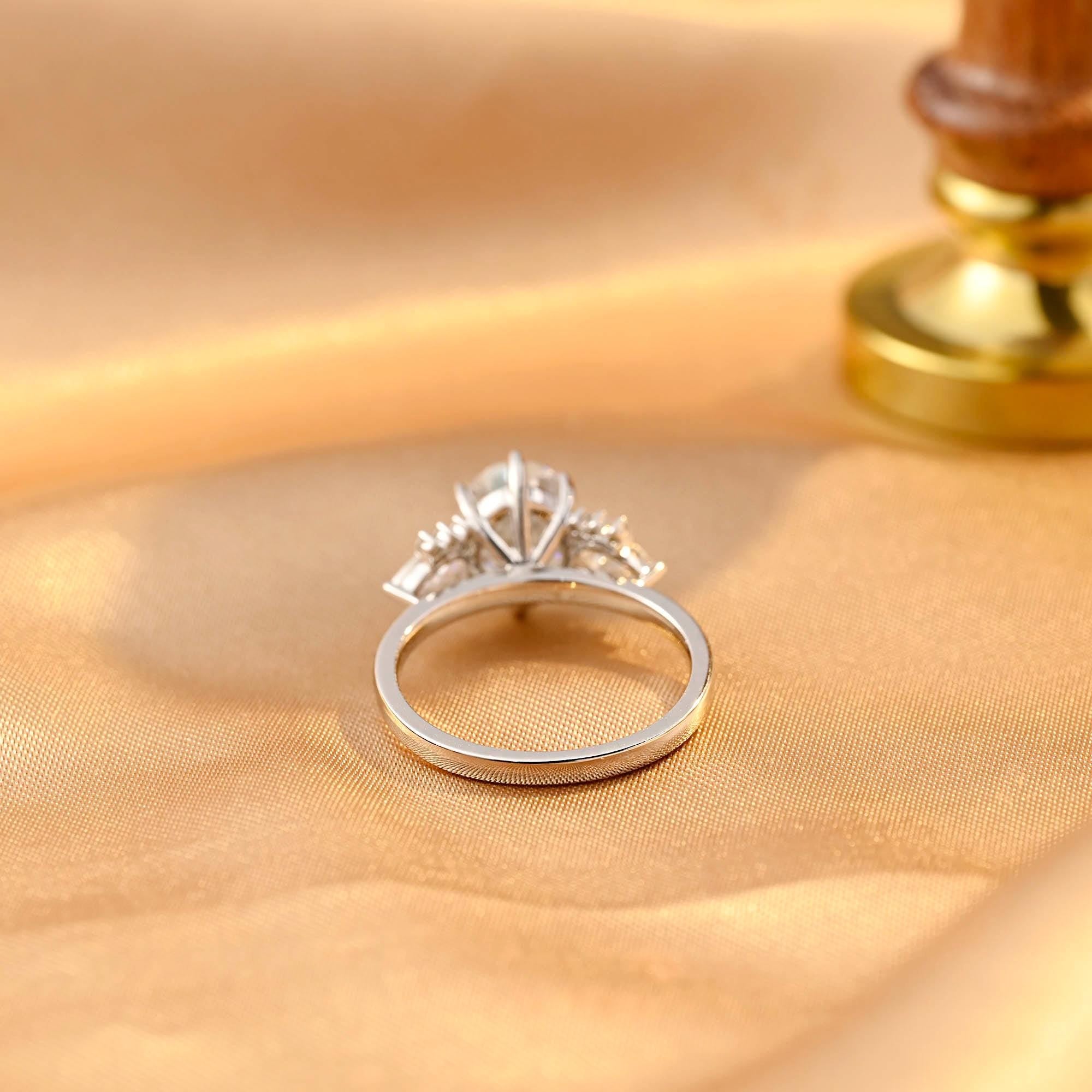Solid Gold Three Stone Oval Cut Moissanite Engagement Ring, Side Cluster Wedding Ring