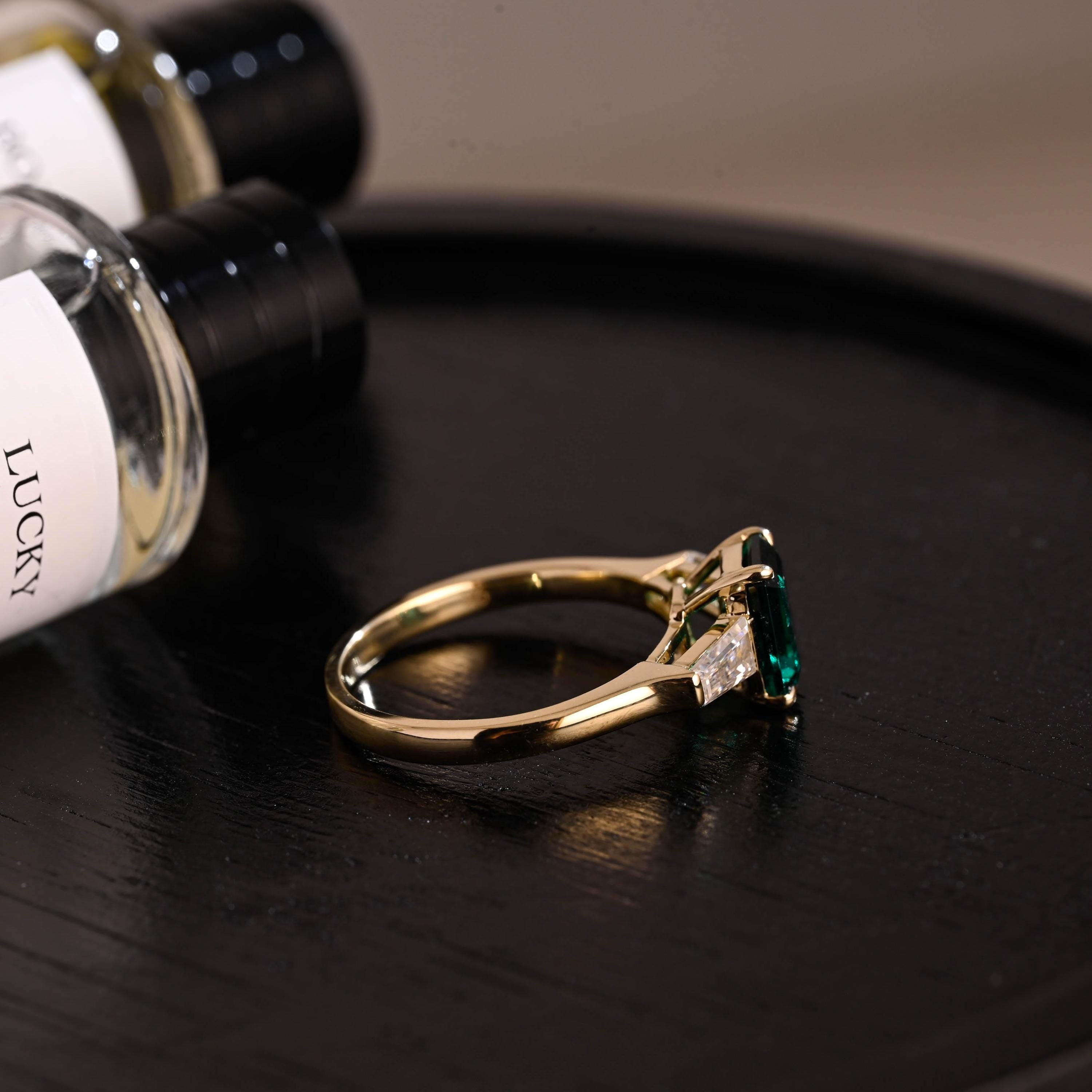 Lab Grown Emerald Engagement Ring, Three Trapezoid Moissanite Wedding Ring, Anniversary Emerald Gemstone Ring, Moissanite Ring, Emerald Ring