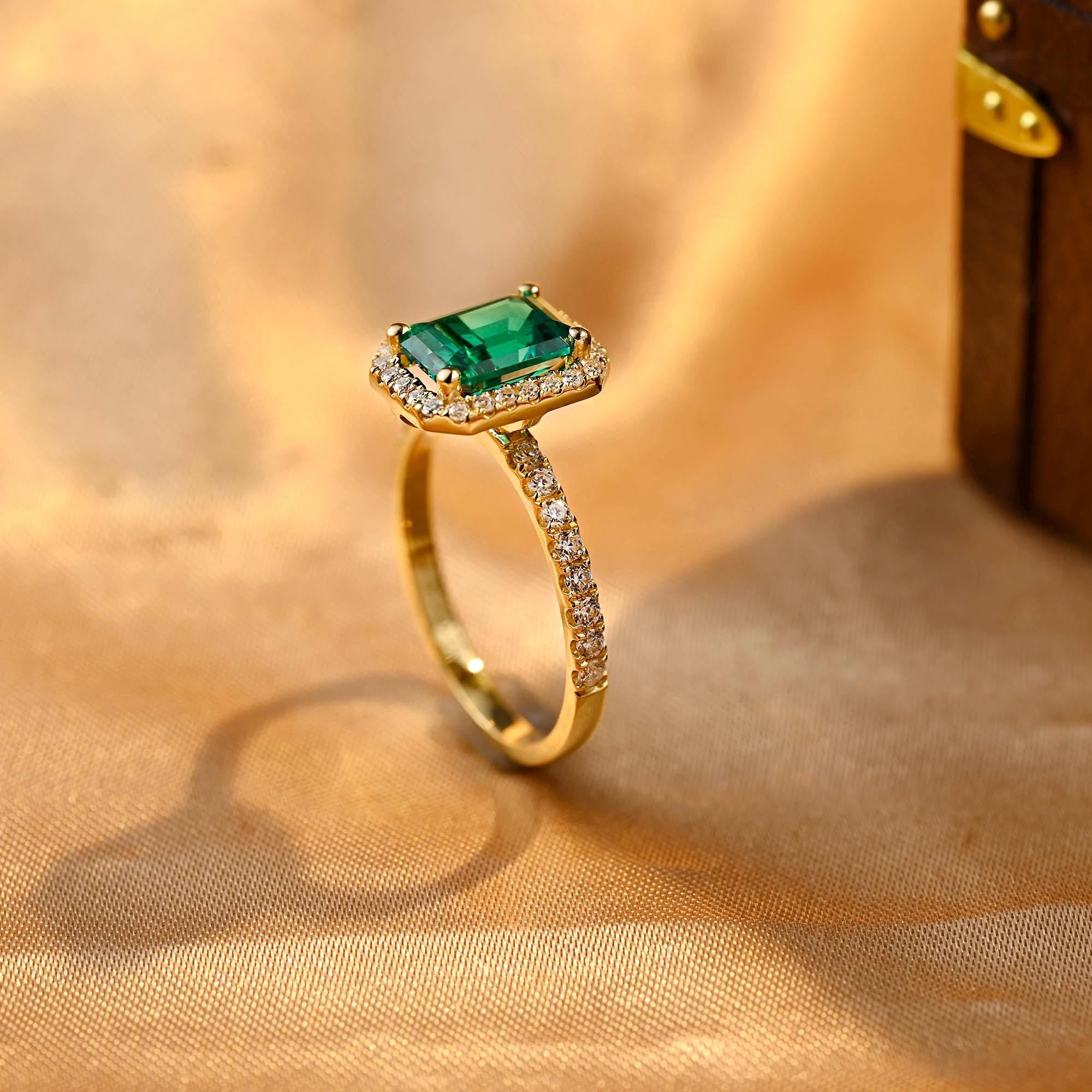 Lab Grown Emerald Engagement Ring, Vintage Style Halo Pave Moissanite Wedding Ring, Anniversary Gemstone Ring, Moissanite Gift, Emerald Ring