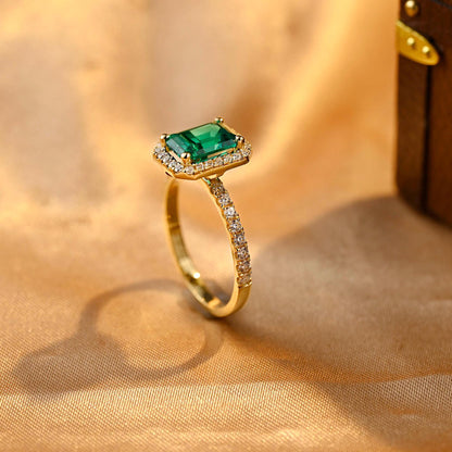 Lab Grown Emerald Engagement Ring, Vintage Style Halo Pave Moissanite Wedding Ring, Anniversary Gemstone Ring, Moissanite Gift, Emerald Ring