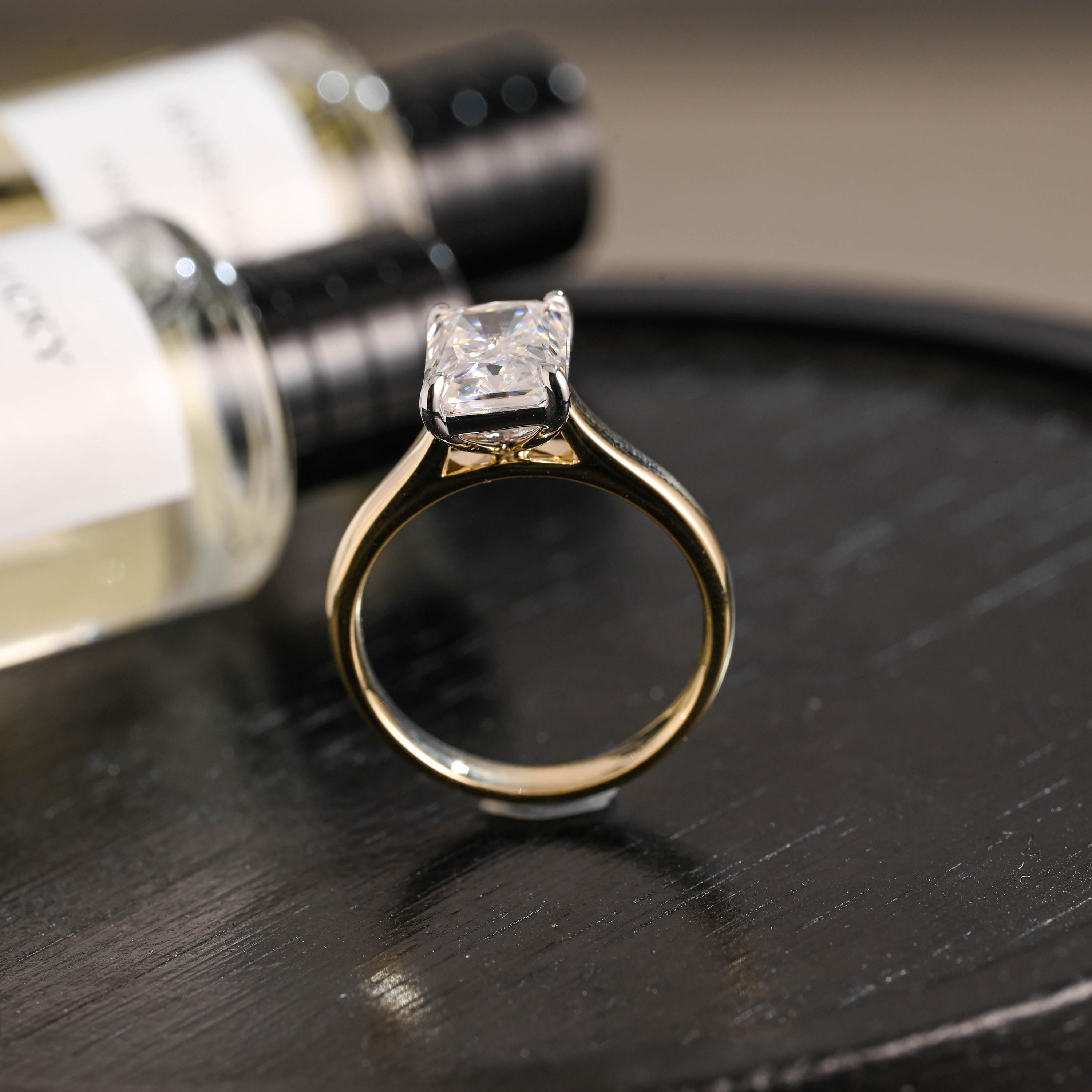 Solid Gold Two Tone 3mm Radiant Cut Moissanite Engagement Ring, Anniversary Gift for Her