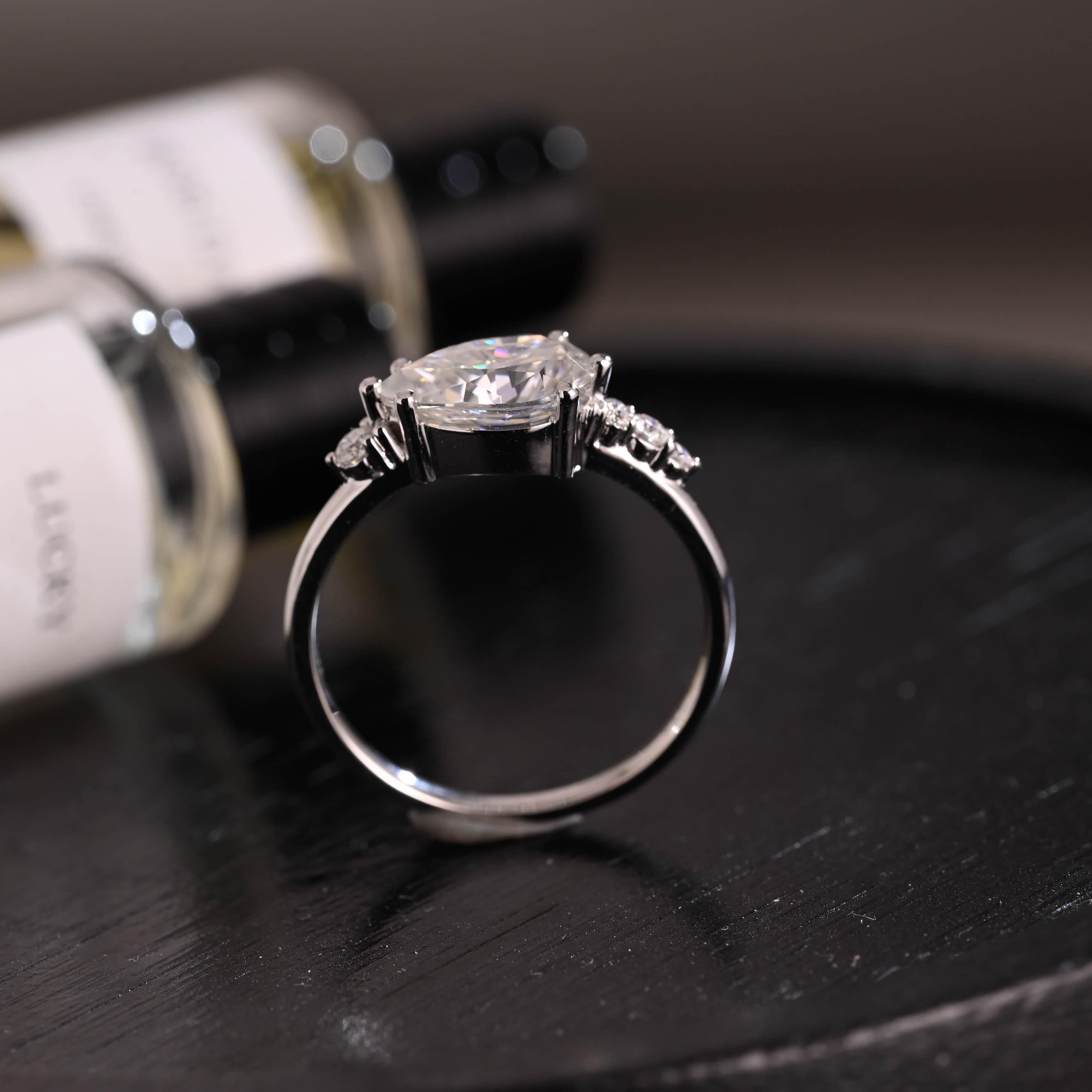 Horizontal Set Main Stone Solid Gold Pear Cut Moissanite Engagement Ring, Wedding Ring