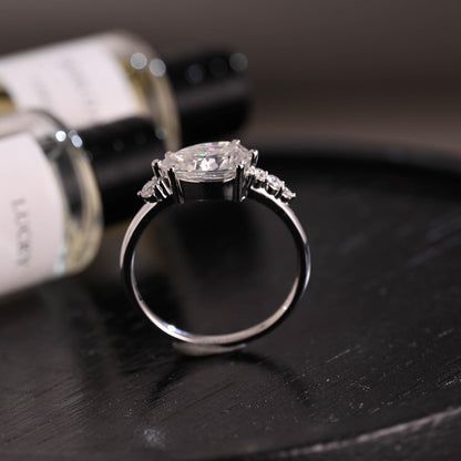 Horizontal Set Main Stone Solid Gold Pear Cut Moissanite Engagement Ring, Wedding Ring