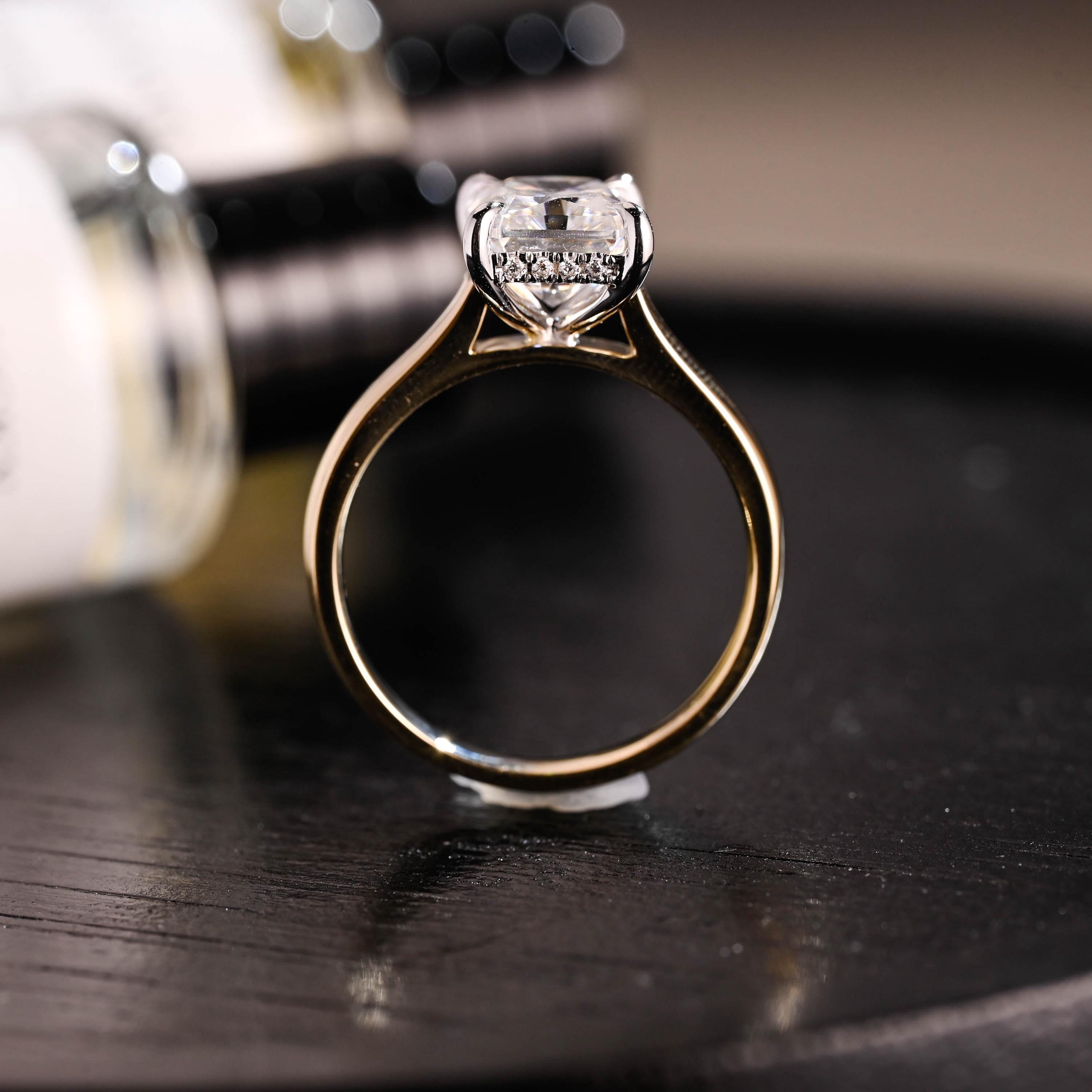 Solid Gold Cathedral Setting Two Tone Hidden Halo Radiant Cut Moissanite Engagement Ring