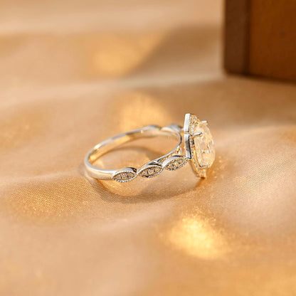 Solid Gold Milgrain Oval Cut Moissanite Engagement Ring, Halo Vintage Style Wedding Ring