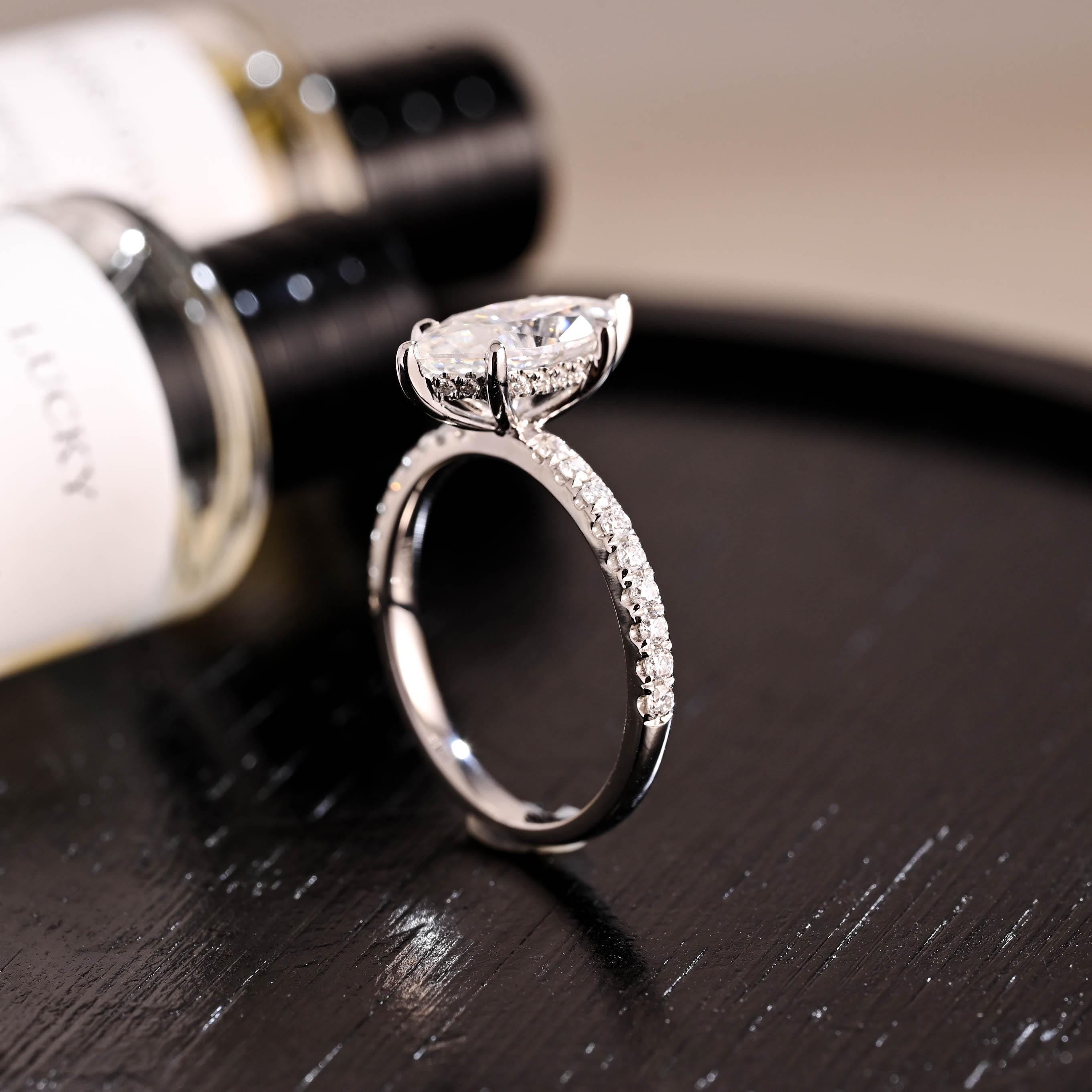 Solid Gold Hidden Halo Marquise Moissanite Engagement Ring, Half Pave Band Ring