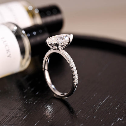 Solid Gold Hidden Halo Marquise Moissanite Engagement Ring, Half Pave Band Ring