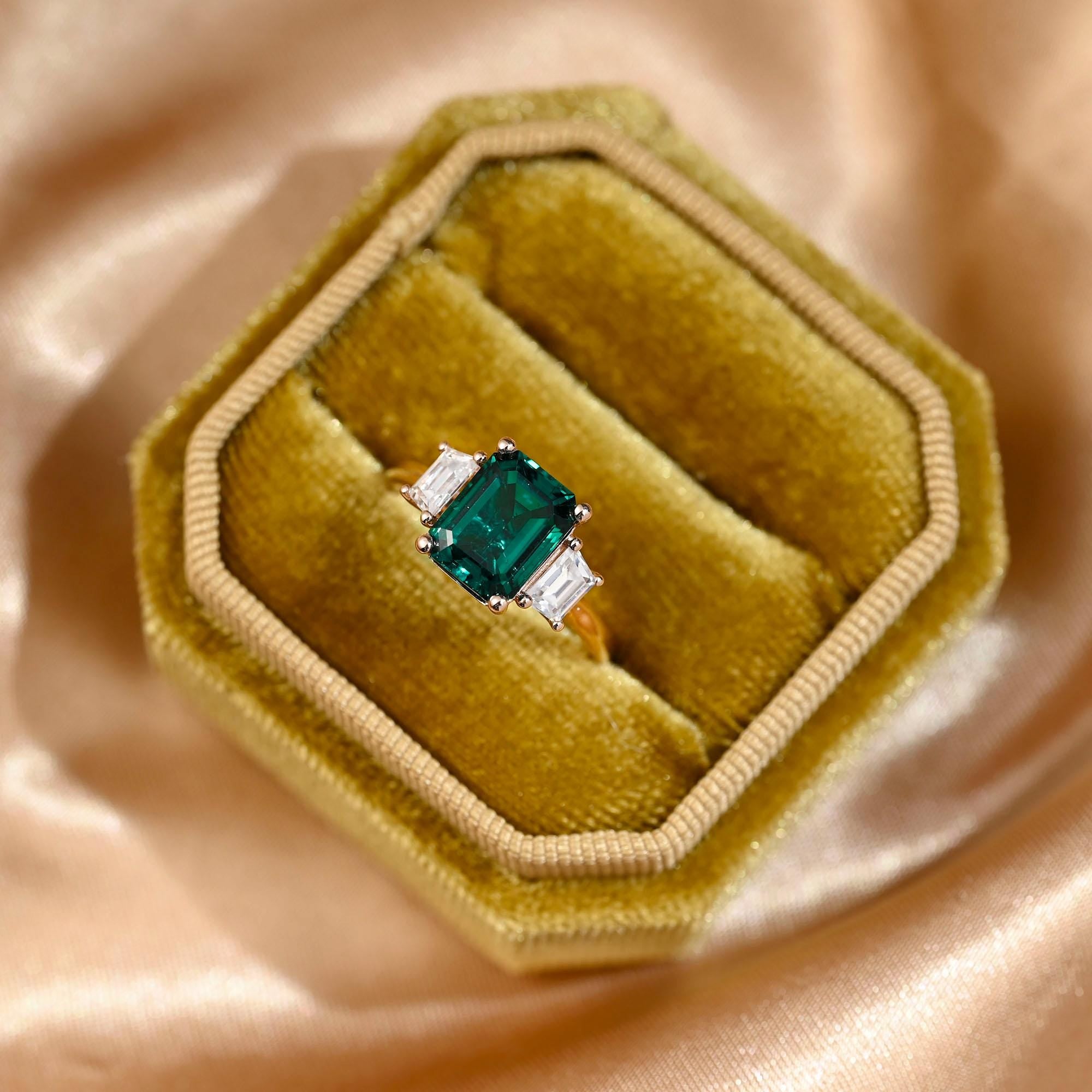Lab Grown Emerald Engagement Ring, Three Trapezoid Moissanite Wedding Ring, Anniversary Emerald Gemstone Ring, Moissanite Gift, Emerald Ring