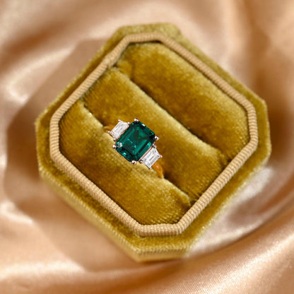 Lab Grown Emerald Engagement Ring, Three Trapezoid Moissanite Wedding Ring, Anniversary Emerald Gemstone Ring, Moissanite Gift, Emerald Ring
