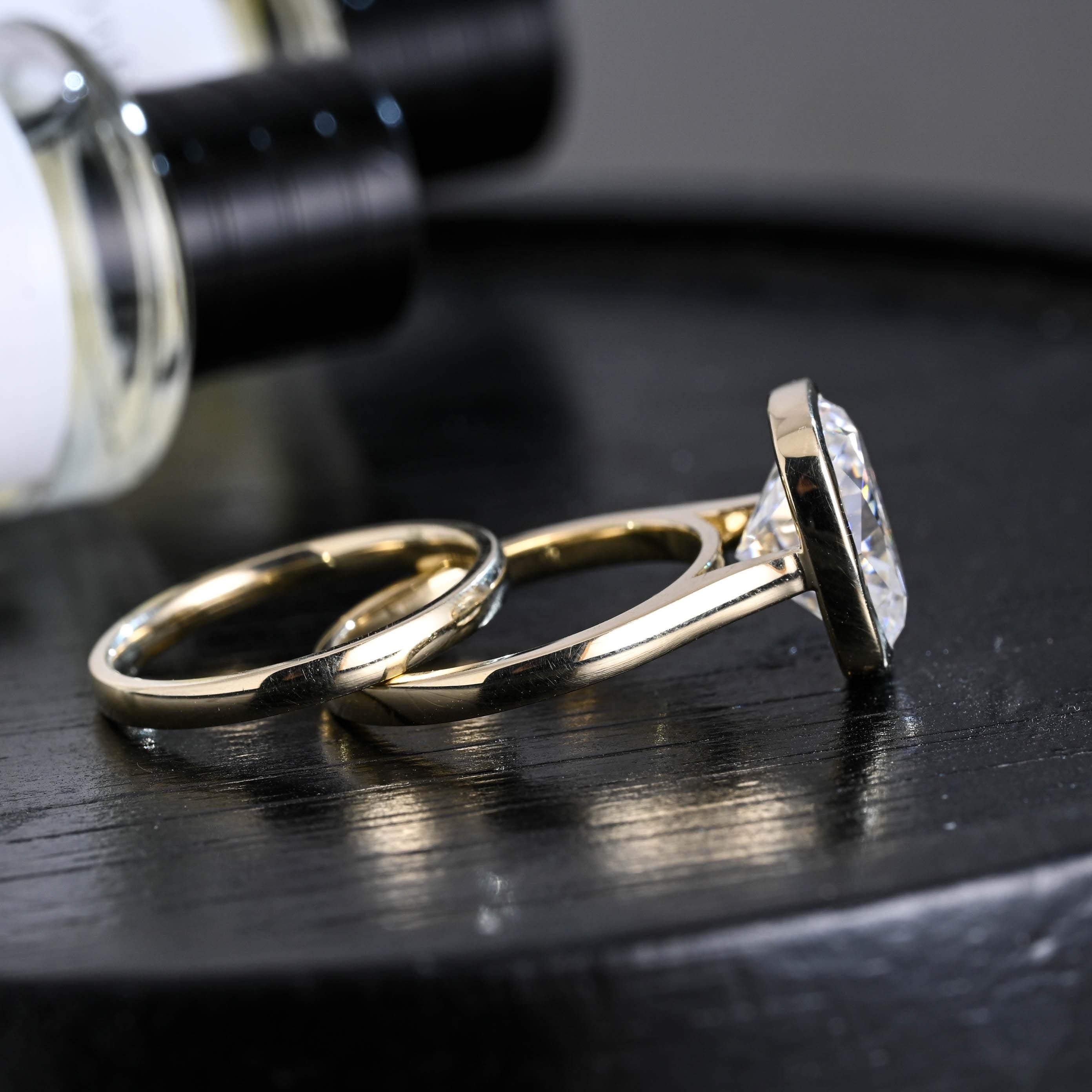 Solid Gold Bezel Elongated Cushion Cut Moissanite Engagement Ring Set, Wedding Ring Set, Bridal Set