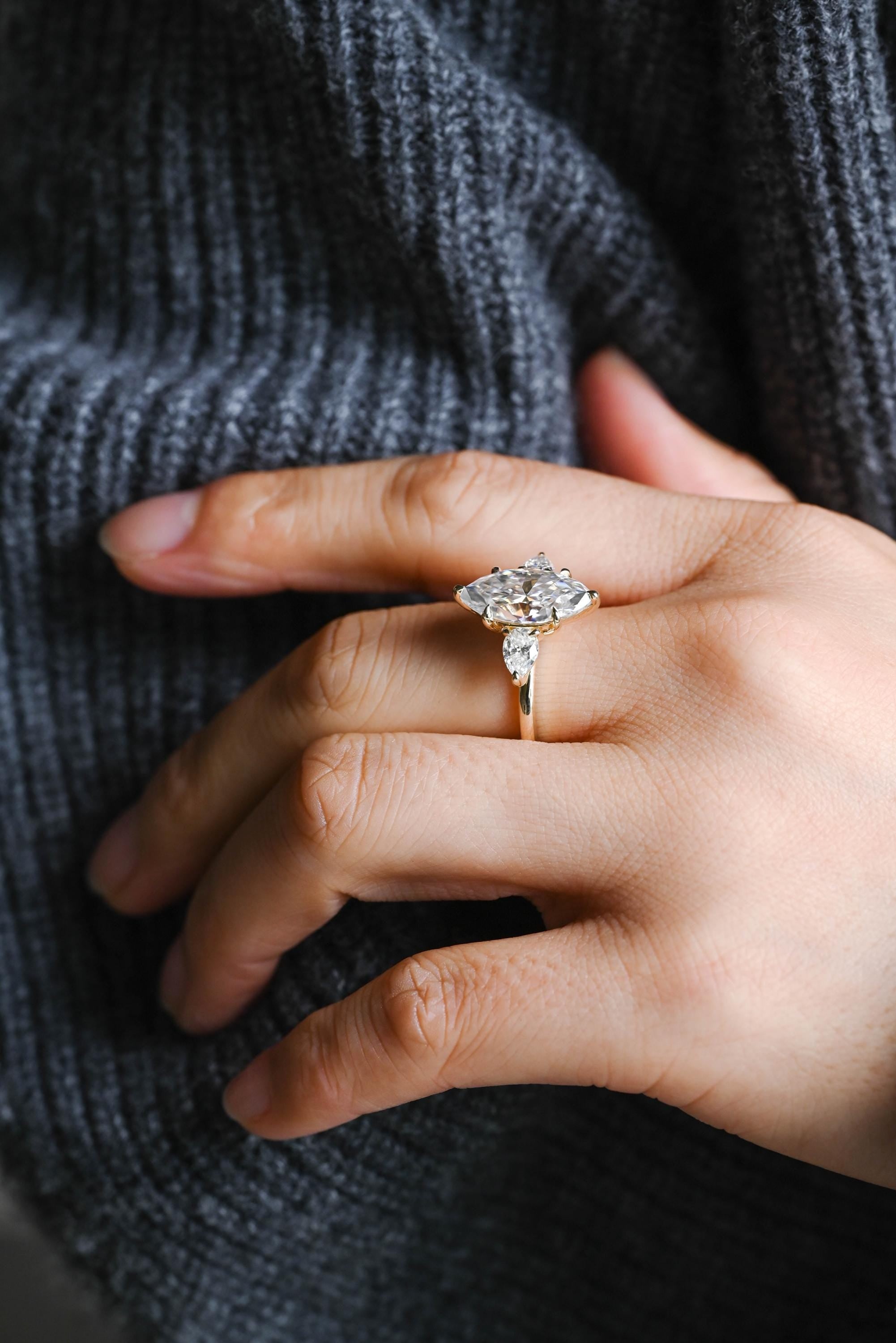 Solid Gold Marquise Moissanite Three Stone Engagement Ring, Pear Cut Accent Promise Ring