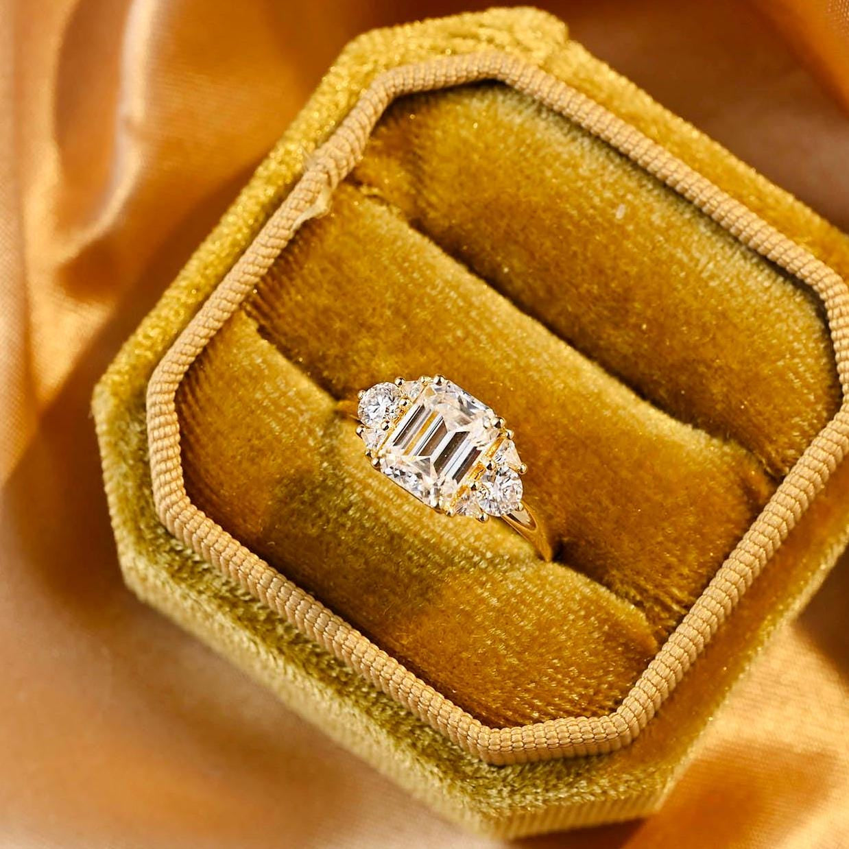 Three Stone Emerald Cut Moissanite Engagement Ring, Side Cluster Emerald Cut Moissanite Wedding Ring, Anniversary Ring, Moissanite Gifts