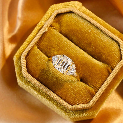 Three Stone Emerald Cut Moissanite Engagement Ring, Side Cluster Emerald Cut Moissanite Wedding Ring, Anniversary Ring, Moissanite Gifts