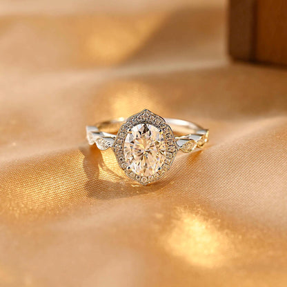 Solid Gold Milgrain Oval Cut Moissanite Engagement Ring, Halo Vintage Style Wedding Ring