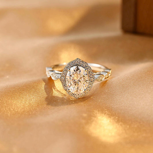 Solid Gold Milgrain Oval Cut Moissanite Engagement Ring, Halo Vintage Style Wedding Ring