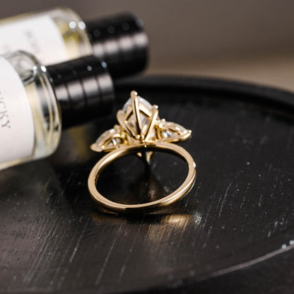 Solid Gold Marquise Moissanite Three Stone Engagement Ring, Pear Cut Accent Promise Ring