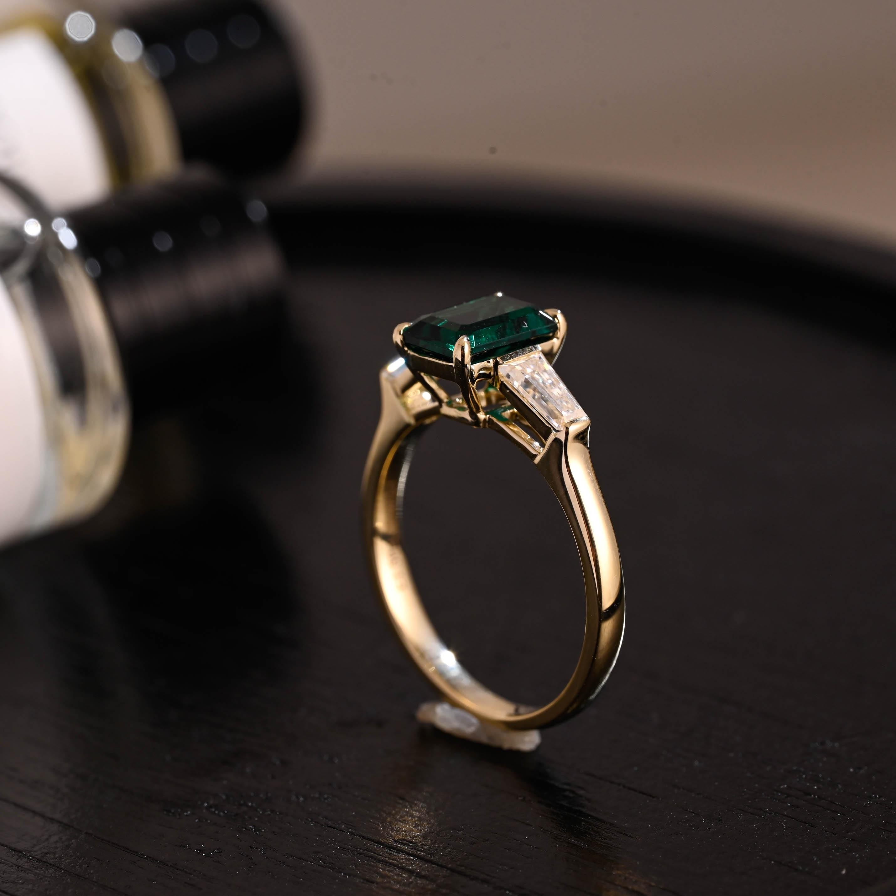 Lab Grown Emerald Engagement Ring, Three Trapezoid Moissanite Wedding Ring, Anniversary Emerald Gemstone Ring, Moissanite Ring, Emerald Ring