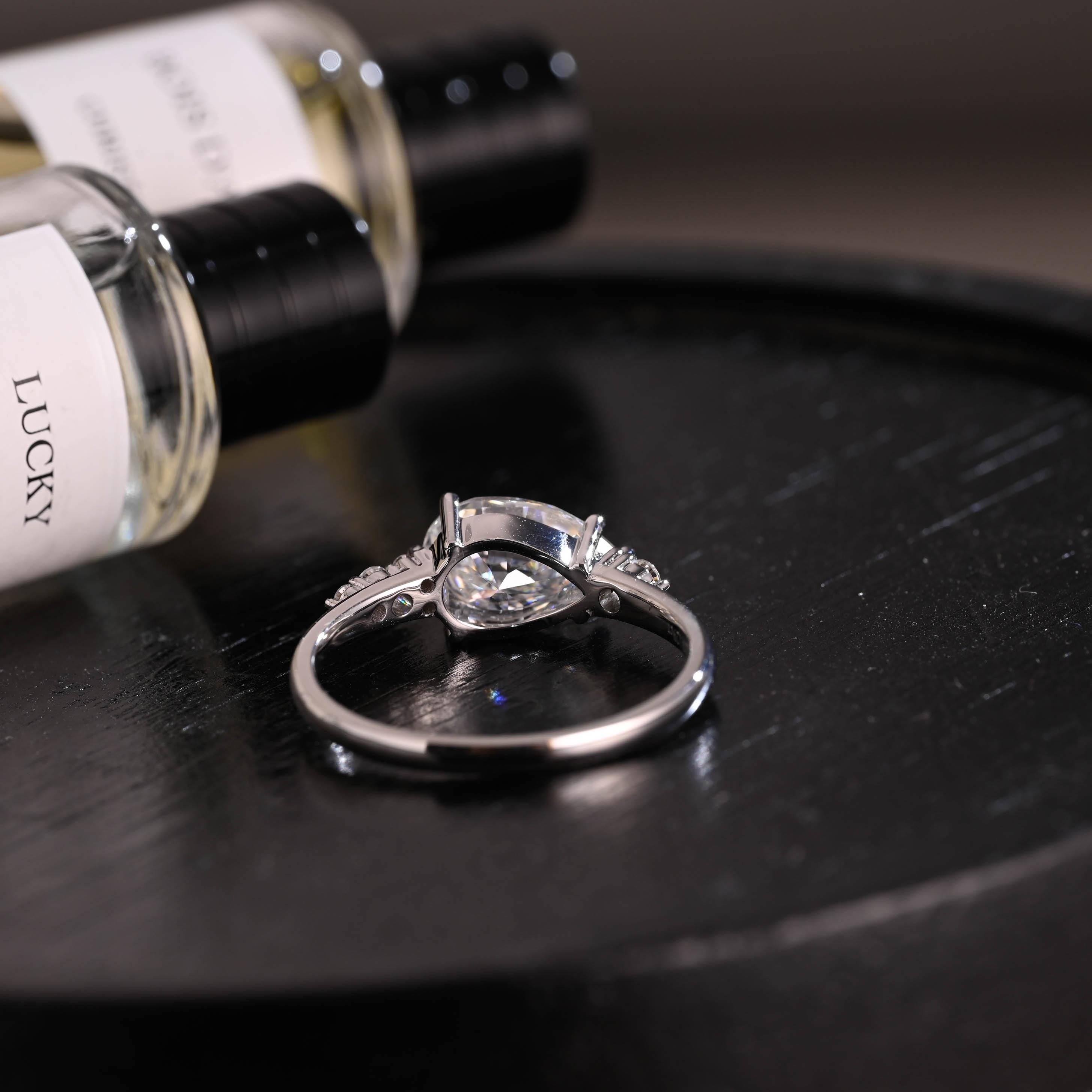 Horizontal Set Main Stone Solid Gold Pear Cut Moissanite Engagement Ring, Wedding Ring