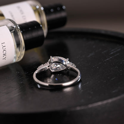 Horizontal Set Main Stone Solid Gold Pear Cut Moissanite Engagement Ring, Wedding Ring