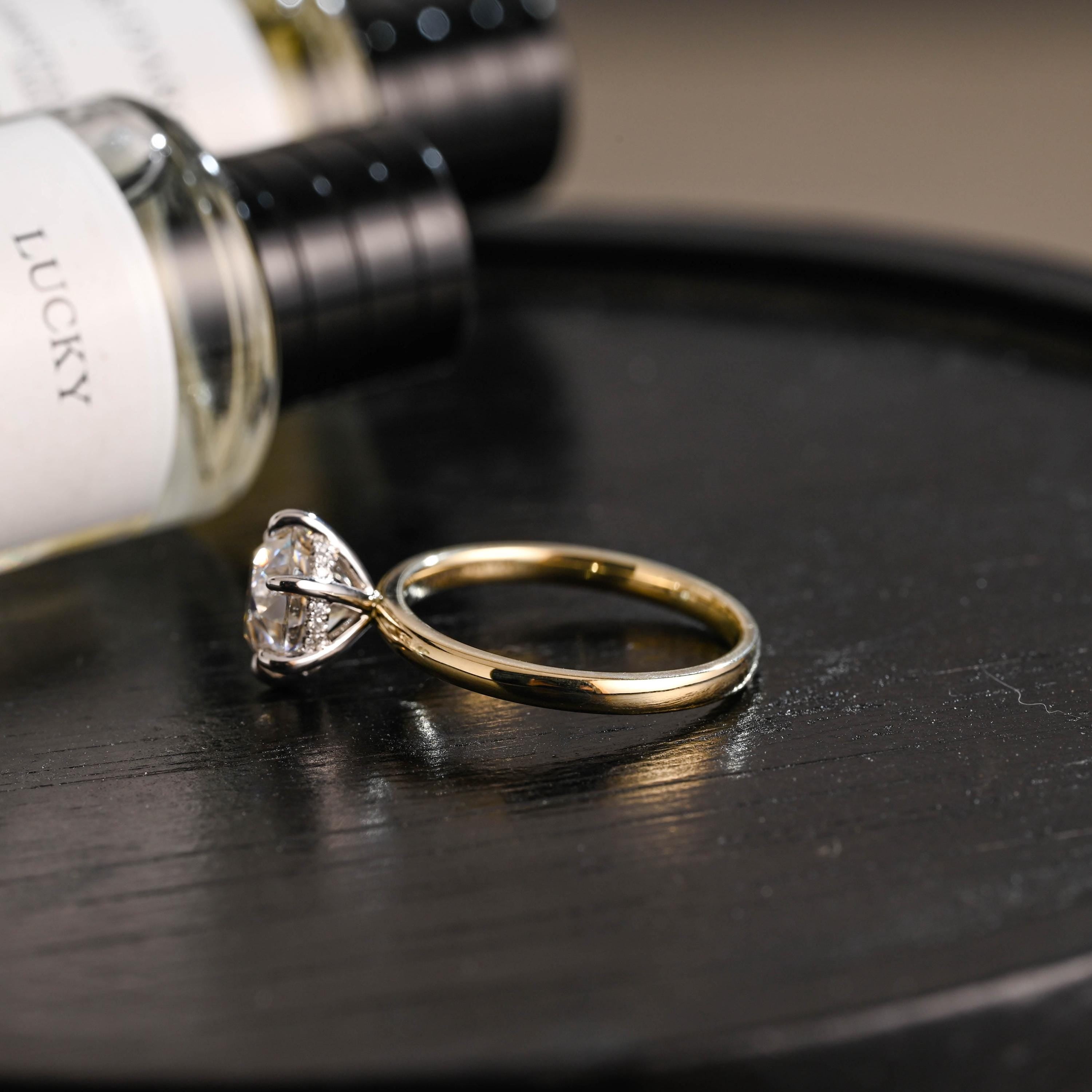 Two-Tone Solid Gold Round Cut Moissanite Engagement Ring, Hidden Halo Promise Ring, Anniversary Gift for Women Wife