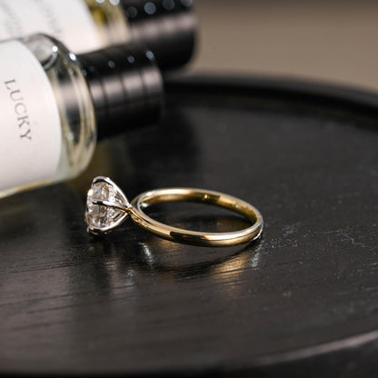 Two-Tone Solid Gold Round Cut Moissanite Engagement Ring, Hidden Halo Promise Ring, Anniversary Gift for Women Wife
