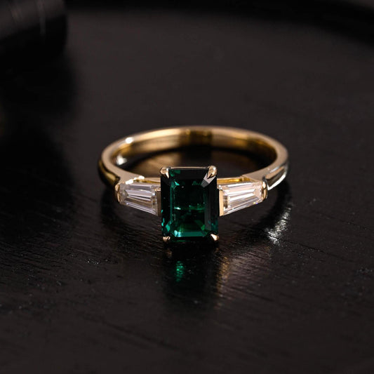 Lab Grown Emerald Engagement Ring, Three Trapezoid Moissanite Wedding Ring, Anniversary Emerald Gemstone Ring, Moissanite Ring, Emerald Ring