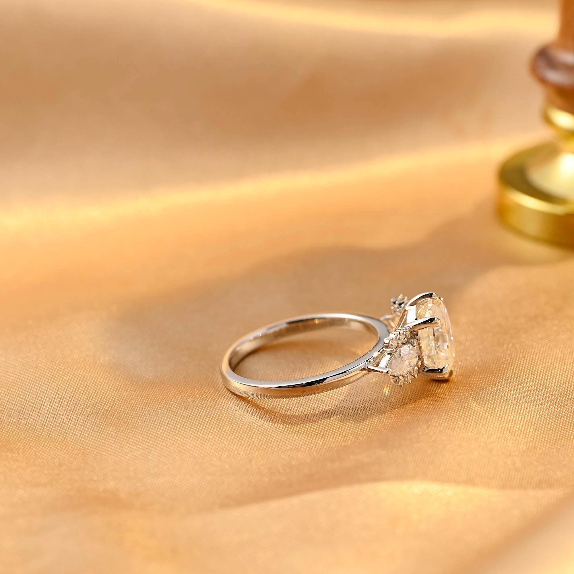 Solid Gold Three Stone Oval Cut Moissanite Engagement Ring, Side Cluster Wedding Ring