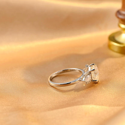 Solid Gold Three Stone Oval Cut Moissanite Engagement Ring, Side Cluster Wedding Ring