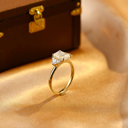 Three Stone Emerald Cut Moissanite Engagement Ring, Side Cluster Emerald Cut Moissanite Wedding Ring, Anniversary Ring, Moissanite Gifts