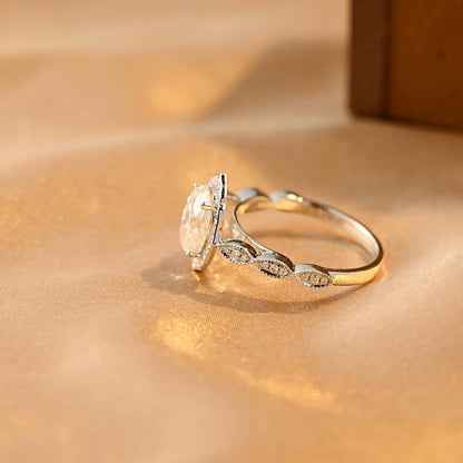 Solid Gold Milgrain Oval Cut Moissanite Engagement Ring, Halo Vintage Style Wedding Ring