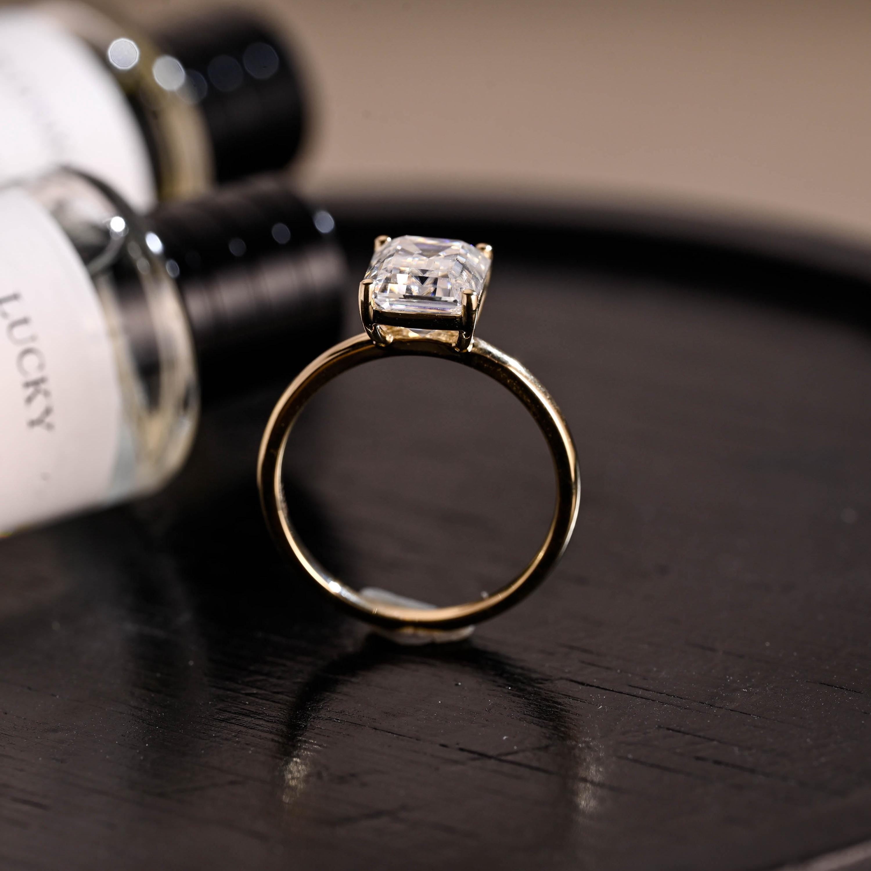 Solid Gold Emerald Cut Moissanite Engagement Ring, Solitaire Emerald Cut Wedding Ring