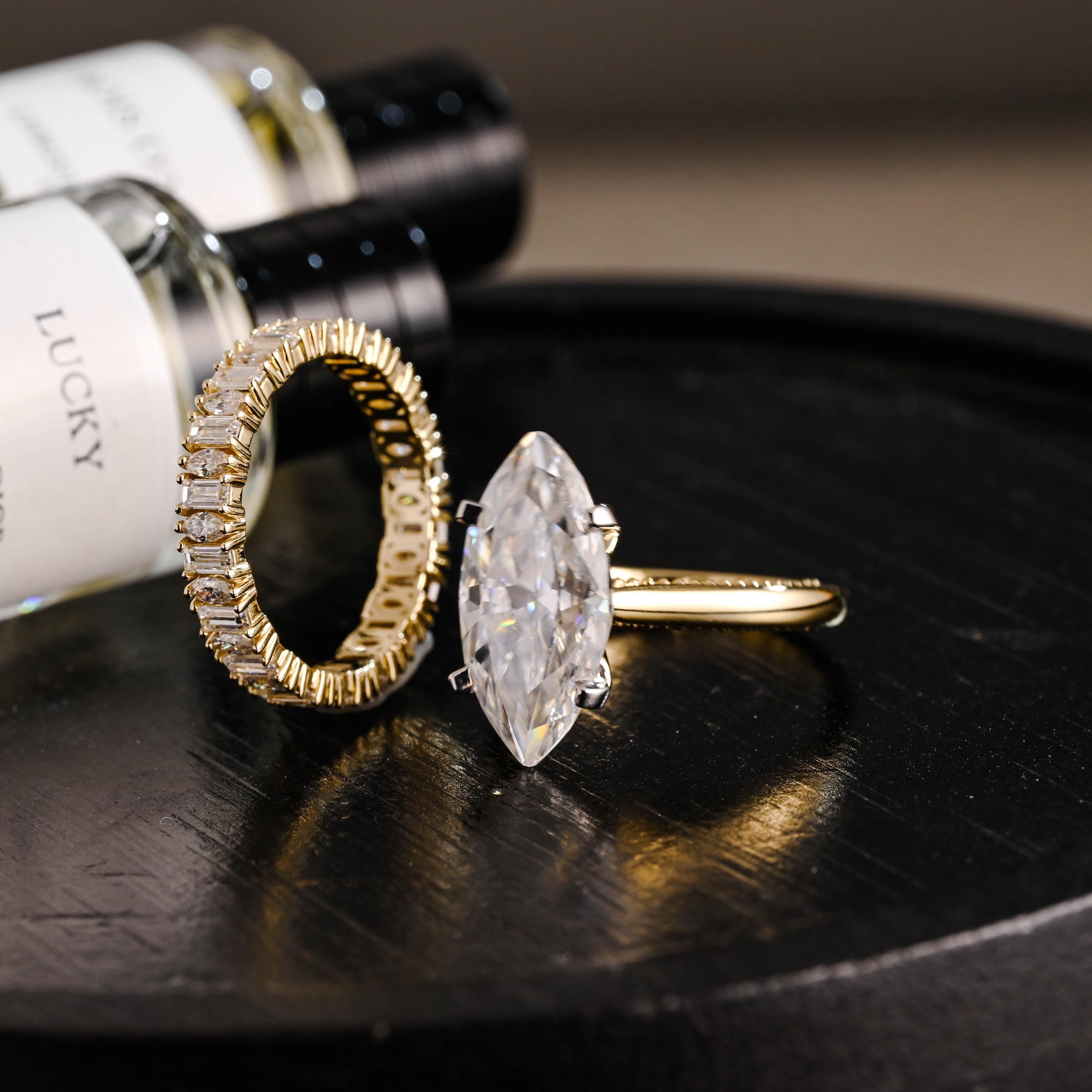 Beaded Marquise Moissanite Engagement Ring Set, Solid Gold Bridal Set, Emerald Cut Wedding Ring