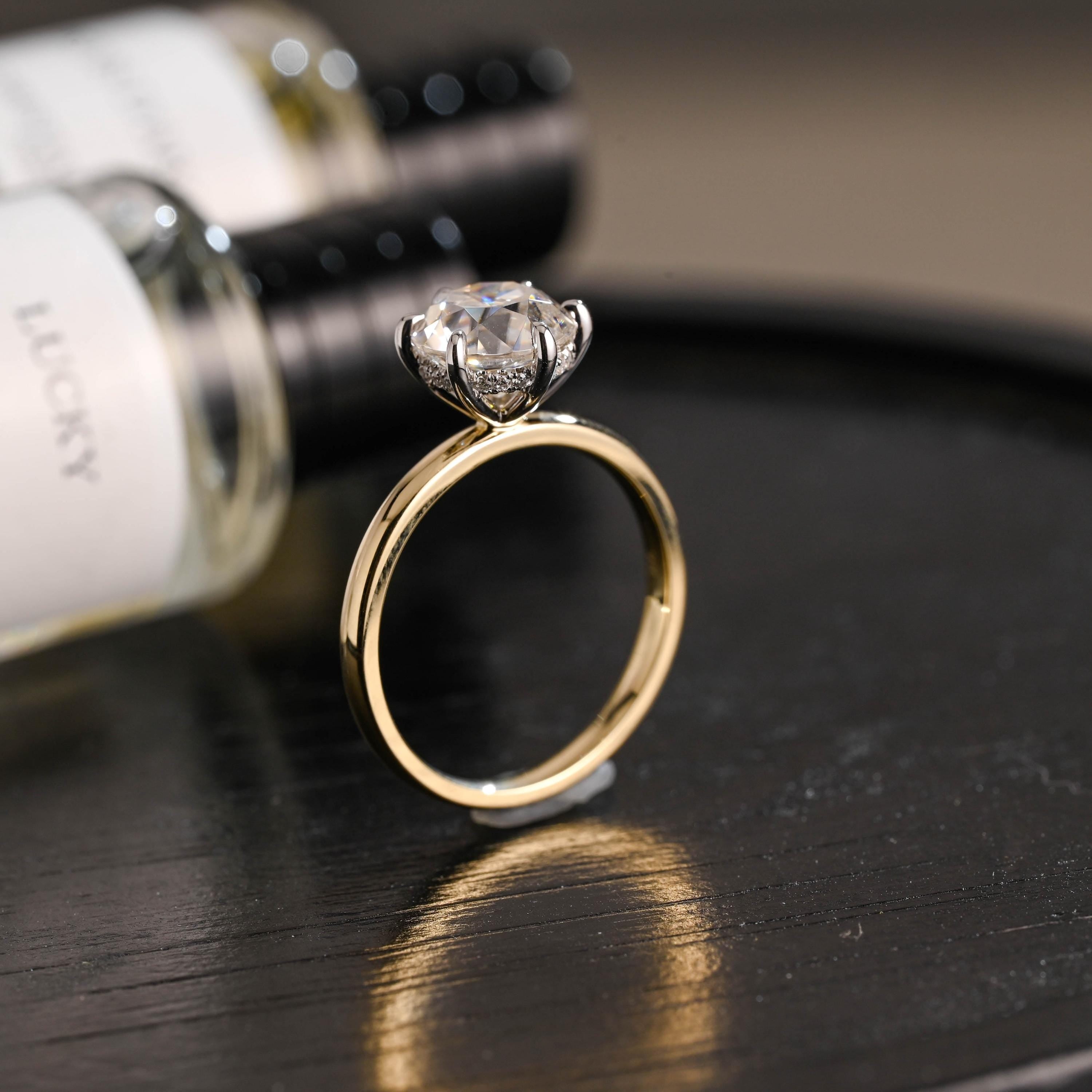 Two-Tone Solid Gold Round Cut Moissanite Engagement Ring, Hidden Halo Promise Ring, Anniversary Gift for Women Wife