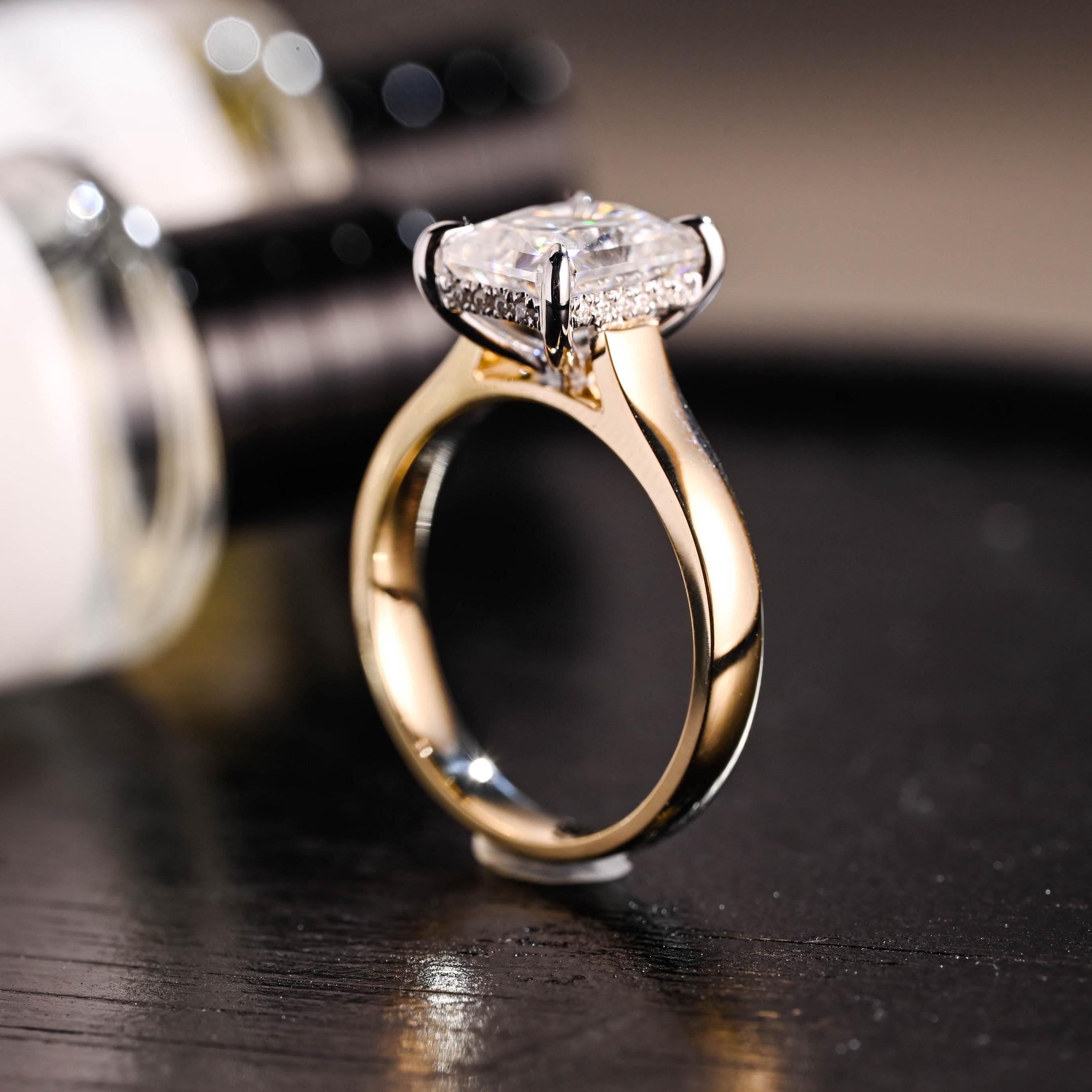 Solid Gold Cathedral Setting Two Tone Hidden Halo Radiant Cut Moissanite Engagement Ring