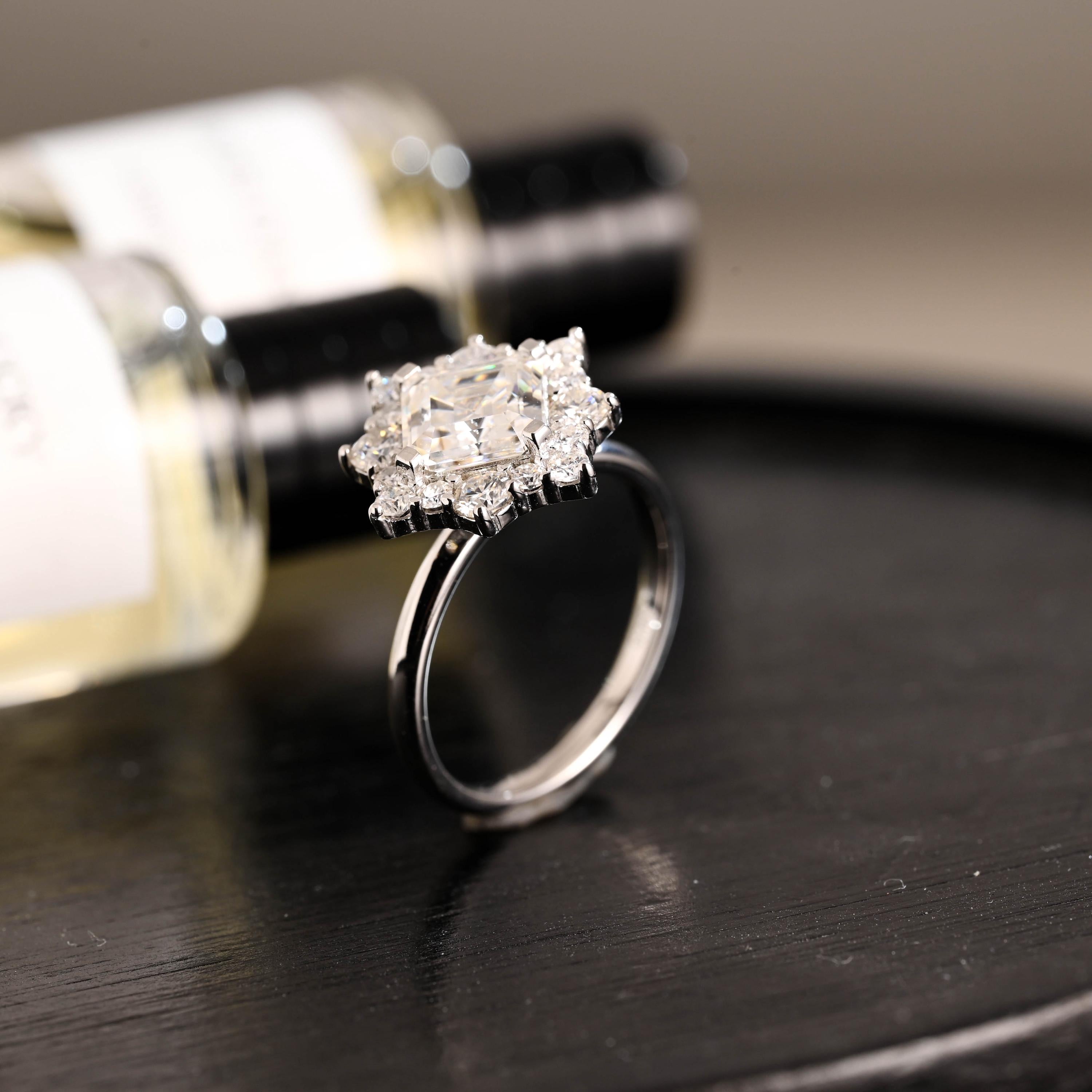 Solid Gold Asscher Cut Moissanite Engagement Ring, Anniversary Gift Birthday Gift for Women Wife