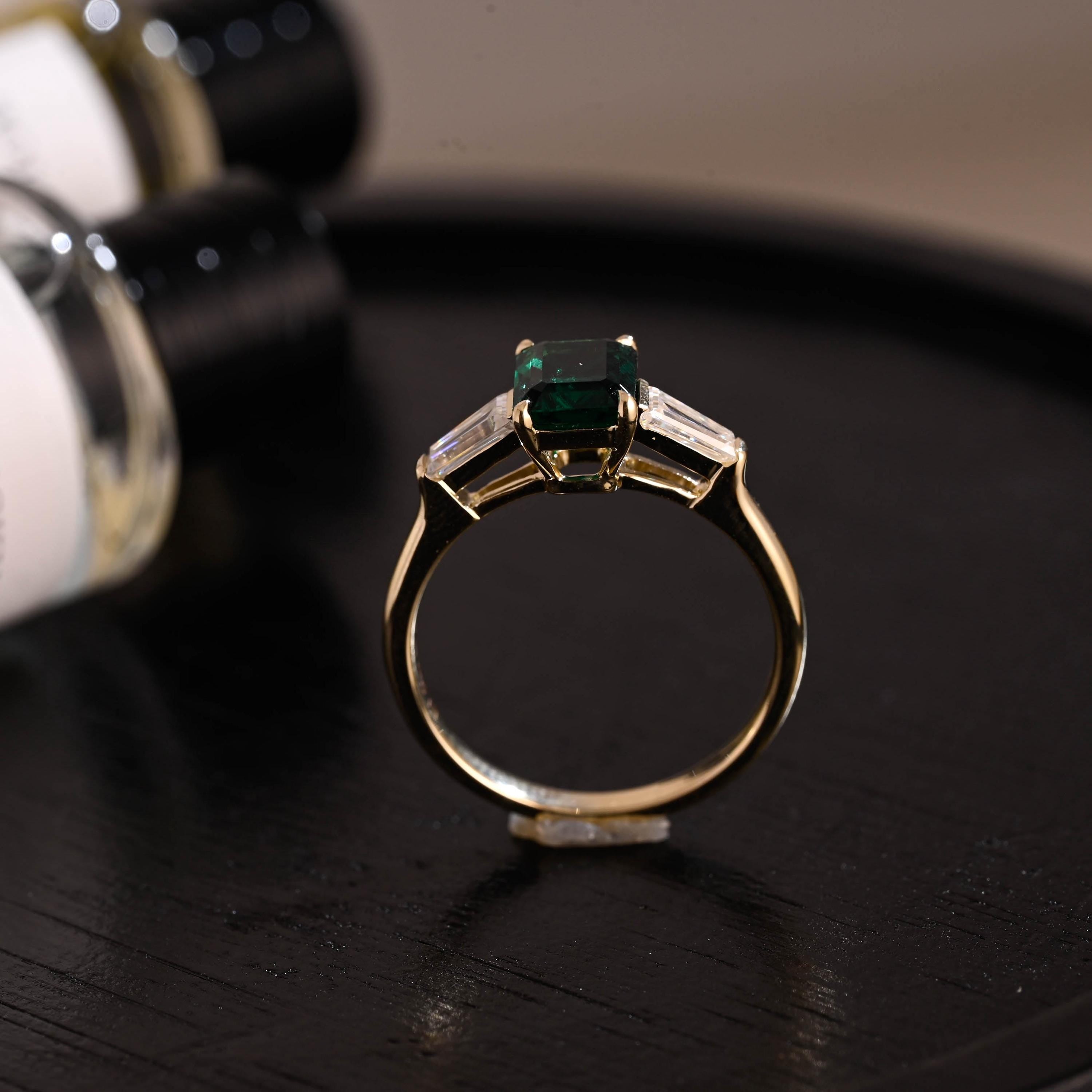 Lab Grown Emerald Engagement Ring, Three Trapezoid Moissanite Wedding Ring, Anniversary Emerald Gemstone Ring, Moissanite Ring, Emerald Ring