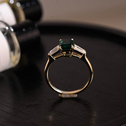 Lab Grown Emerald Engagement Ring, Three Trapezoid Moissanite Wedding Ring, Anniversary Emerald Gemstone Ring, Moissanite Ring, Emerald Ring