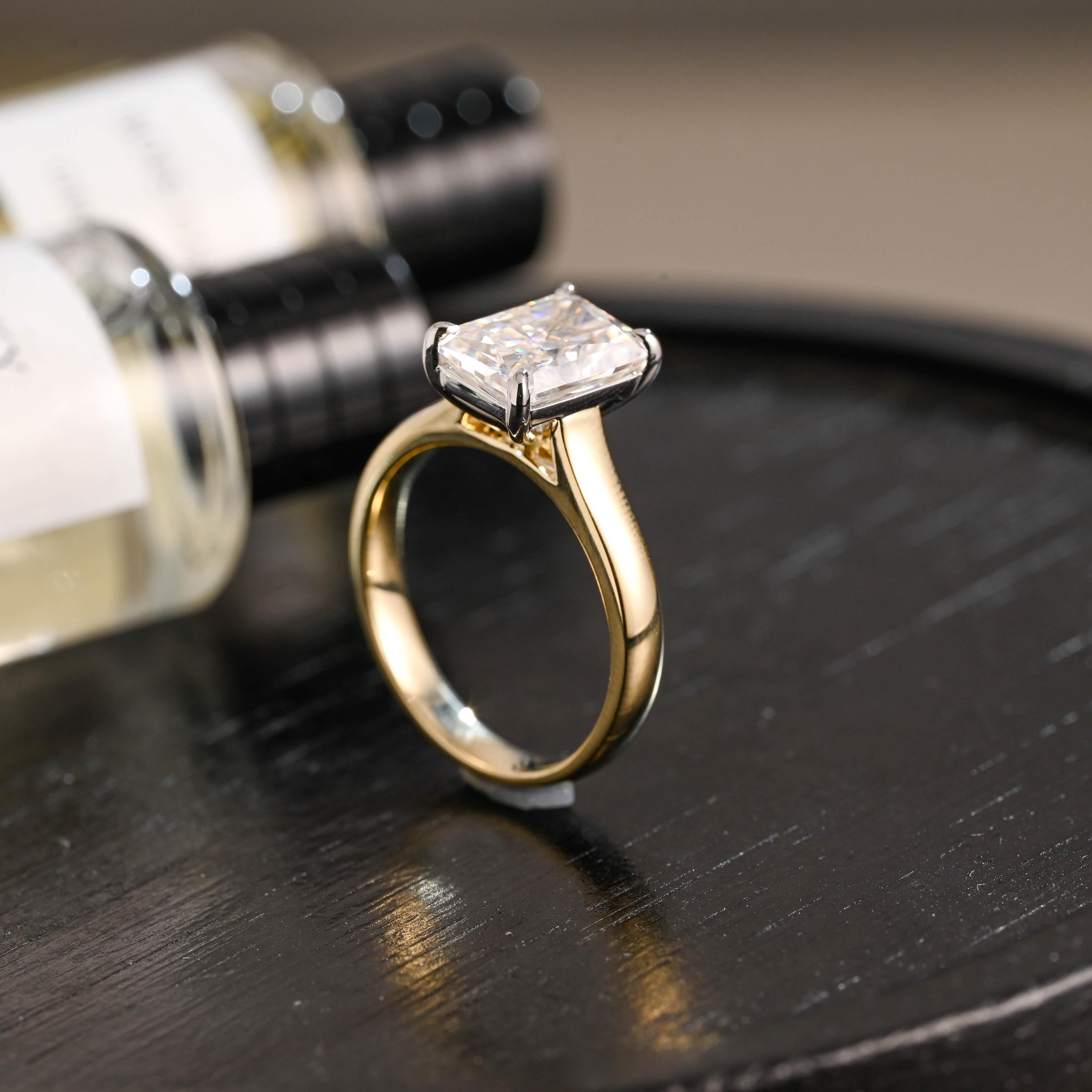 Solid Gold Two Tone 3mm Radiant Cut Moissanite Engagement Ring, Anniversary Gift for Her