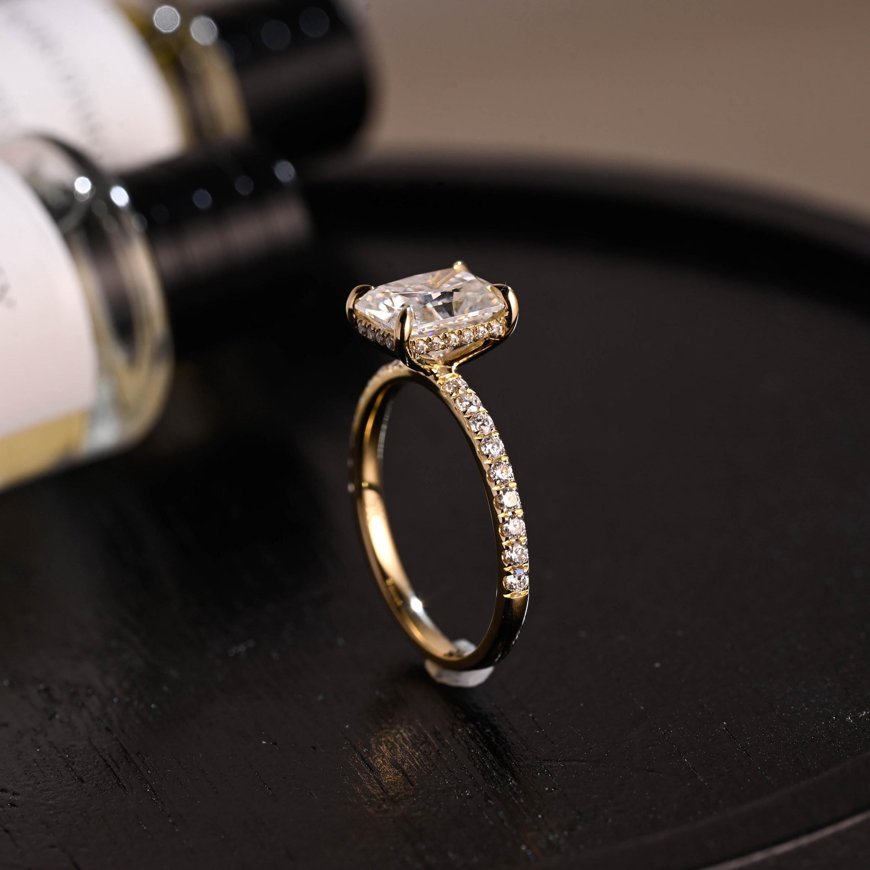 Solid Gold Half Pave Hidden Halo Radiant Cut Moissanite Engagement Ring