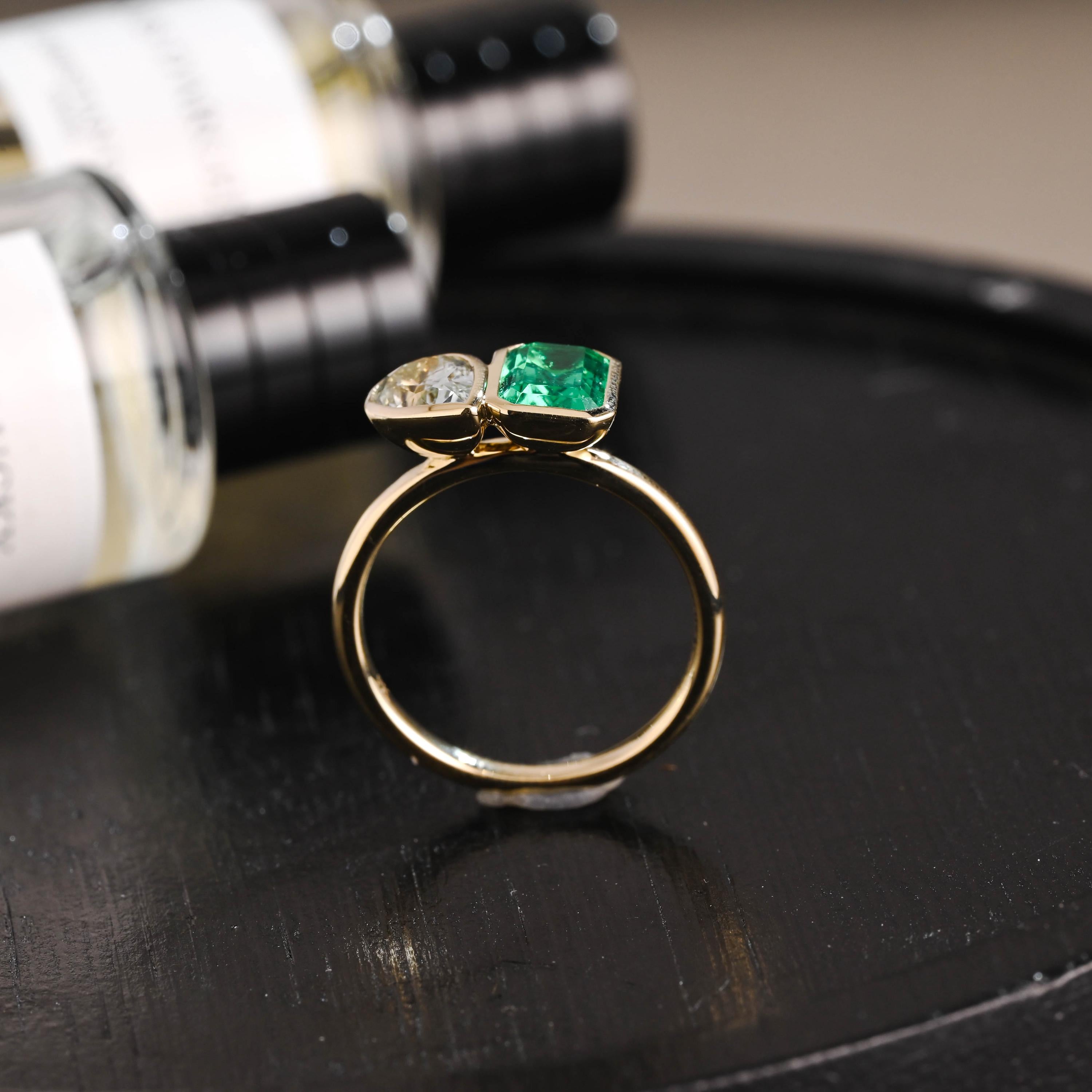 Solid Gold Toi et Moi Lab Grown Emerald & Pear Santa Maria Color Sapphire Engagement Ring