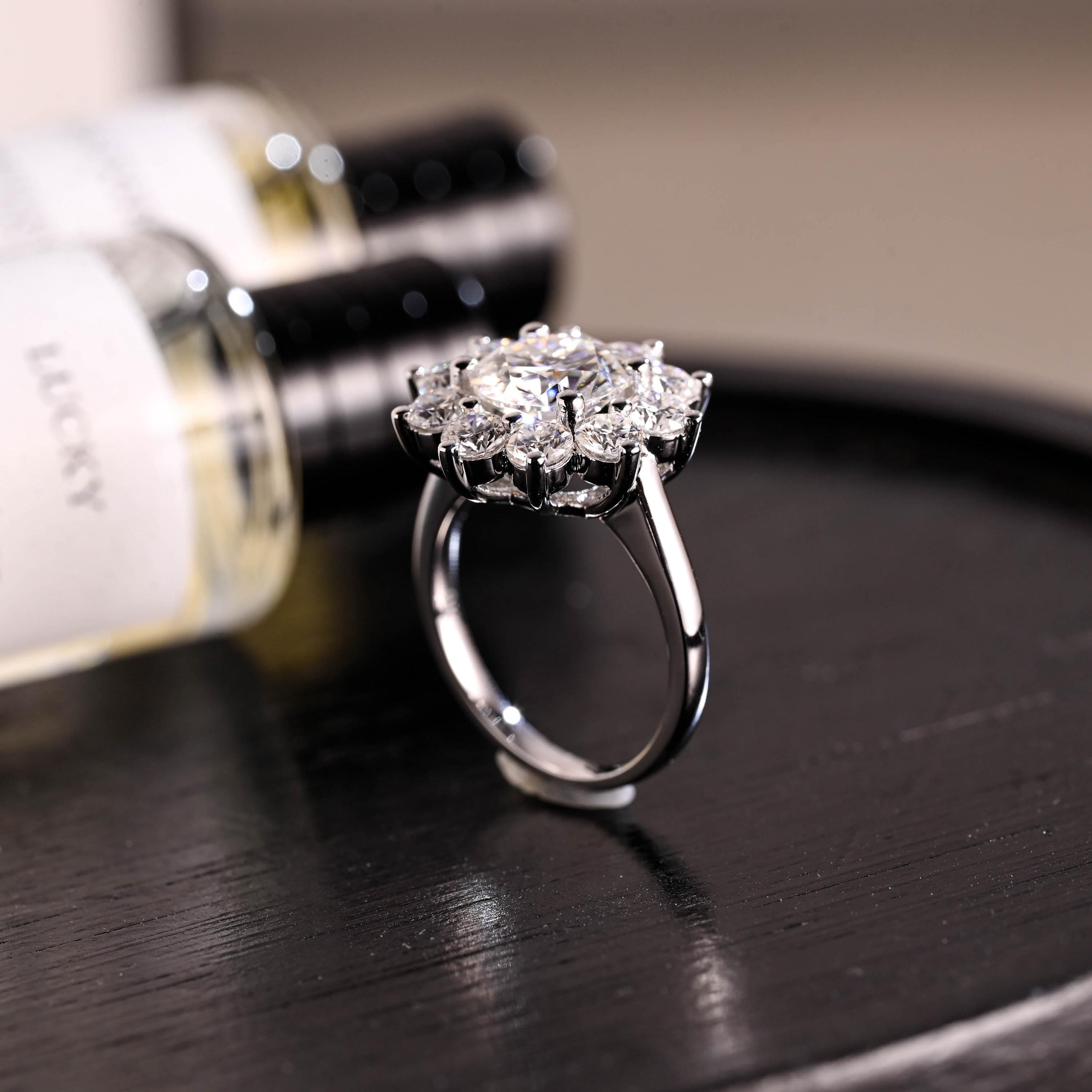 Solid Gold Low Profile Sunflower Cluster Round Cut Moissanite Engagement Ring
