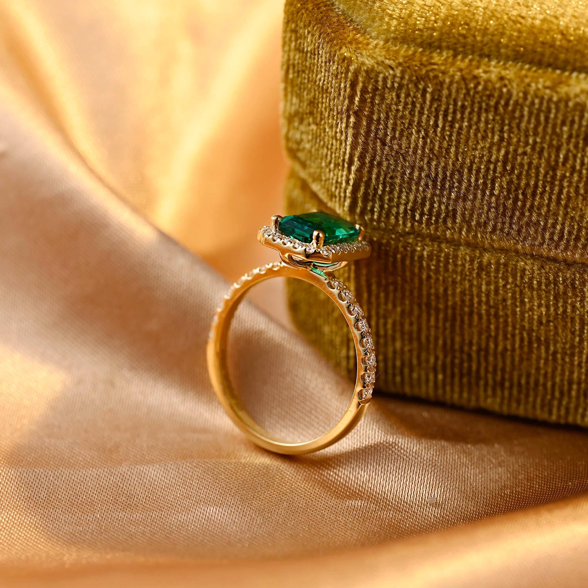 Lab Grown Emerald Engagement Ring, Vintage Style Halo Pave Moissanite Wedding Ring, Anniversary Gemstone Ring, Moissanite Gift, Emerald Ring