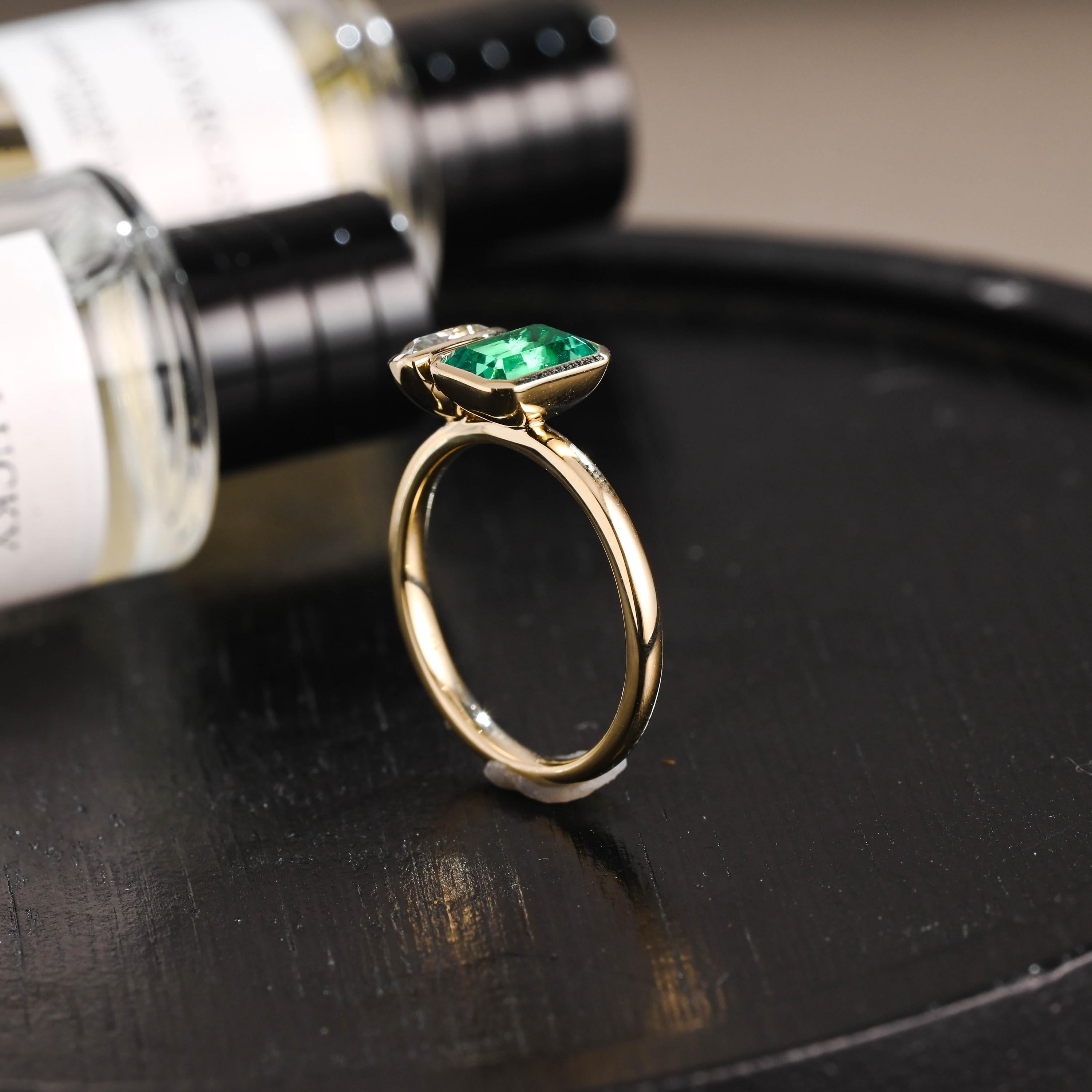 Solid Gold Toi et Moi Lab Grown Emerald & Pear Santa Maria Color Sapphire Engagement Ring