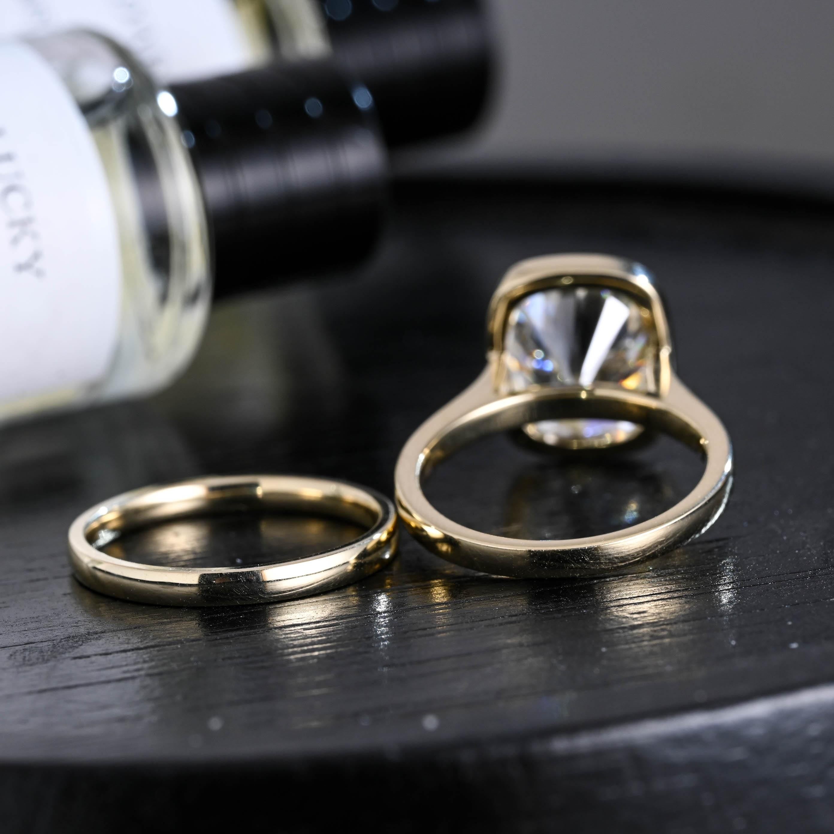 Solid Gold Bezel Elongated Cushion Cut Moissanite Engagement Ring Set, Wedding Ring Set, Bridal Set